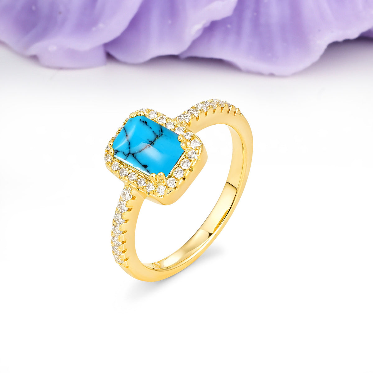 Classic Channel-Set, Vintage-Style 4-Prong Emerald Cut Turquoise Engagement Ring - Additional view