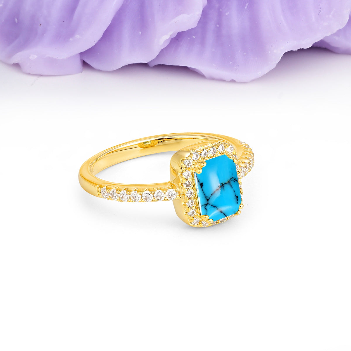 Classic Channel-Set, Vintage-Style 4-Prong Emerald Cut Turquoise Engagement Ring - Additional view
