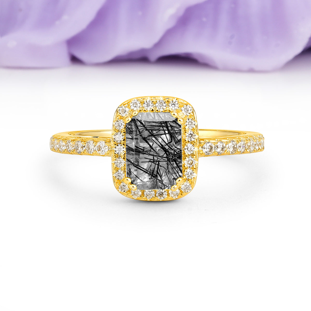 Classic Channel-Set, Vintage-Style 4-Prong Emerald Cut Black Rutilated Quartz Engagement Ring - Additional view