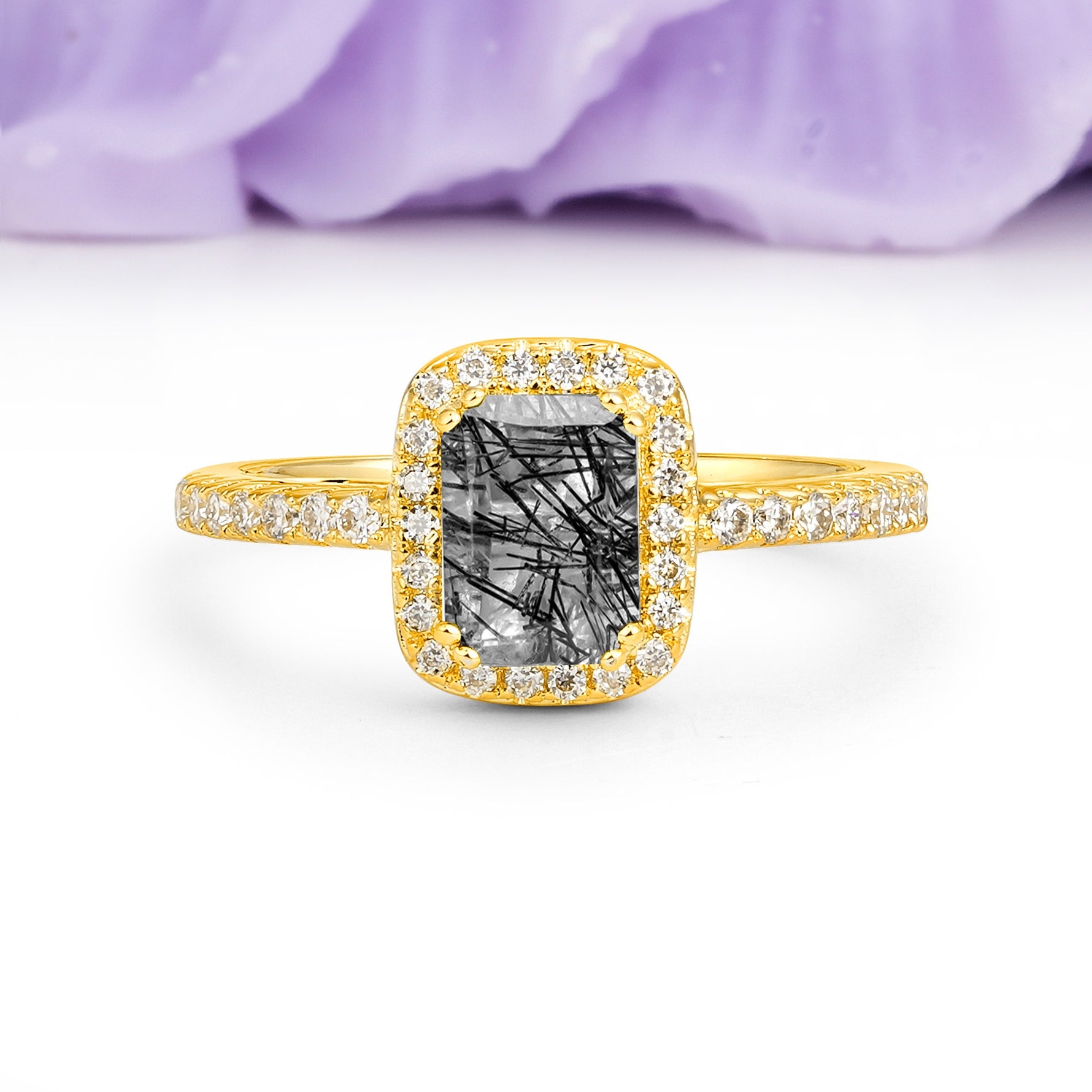 Classic Channel-Set, Vintage-Style 4-Prong Emerald Cut Black Rutilated Quartz Engagement Ring - Additional view