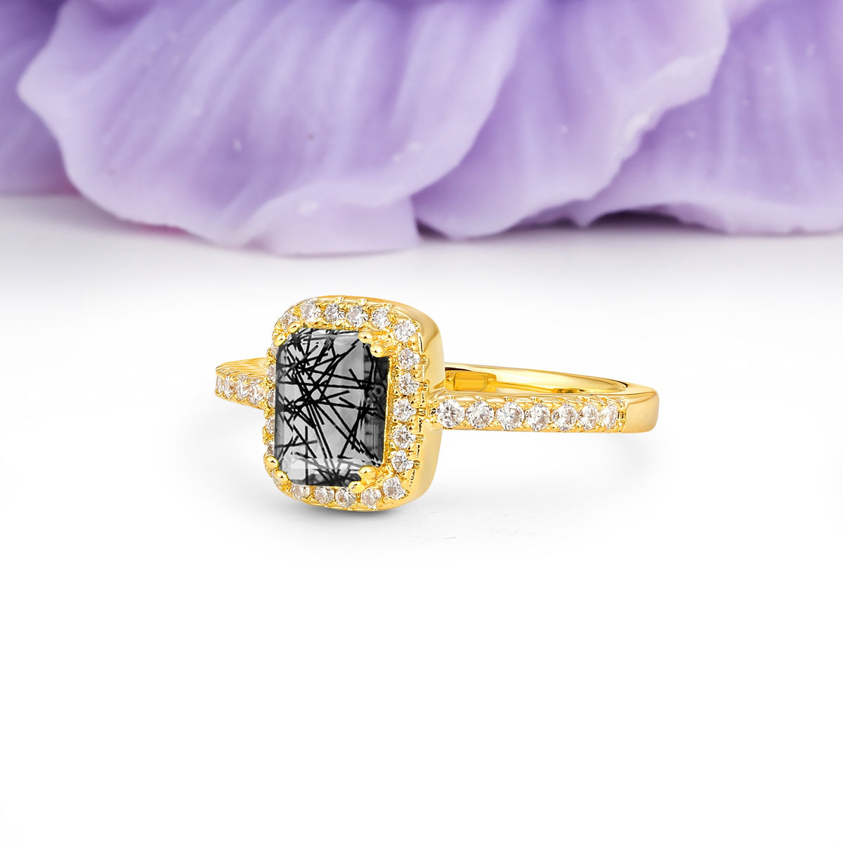 Classic Channel-Set, Vintage-Style 4-Prong Emerald Cut Black Rutilated Quartz Engagement Ring - Additional view