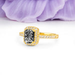 Classic Channel-Set, Vintage-Style 4-Prong Emerald Cut Black Rutilated Quartz Engagement Ring - Additional view