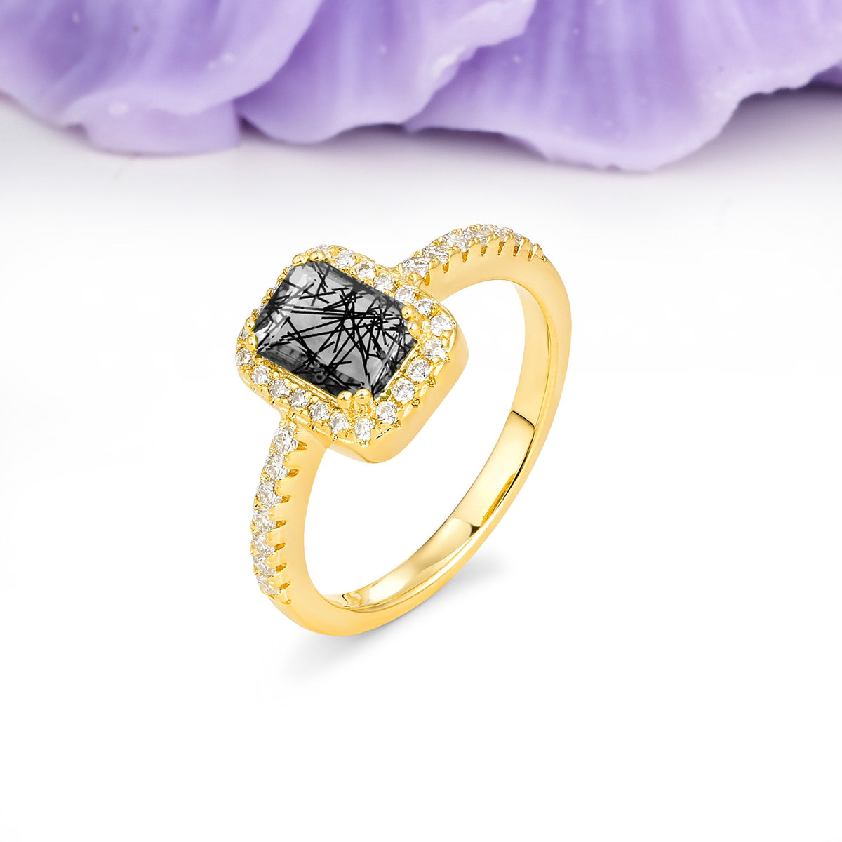 Classic Channel-Set, Vintage-Style 4-Prong Emerald Cut Black Rutilated Quartz Engagement Ring - Additional view