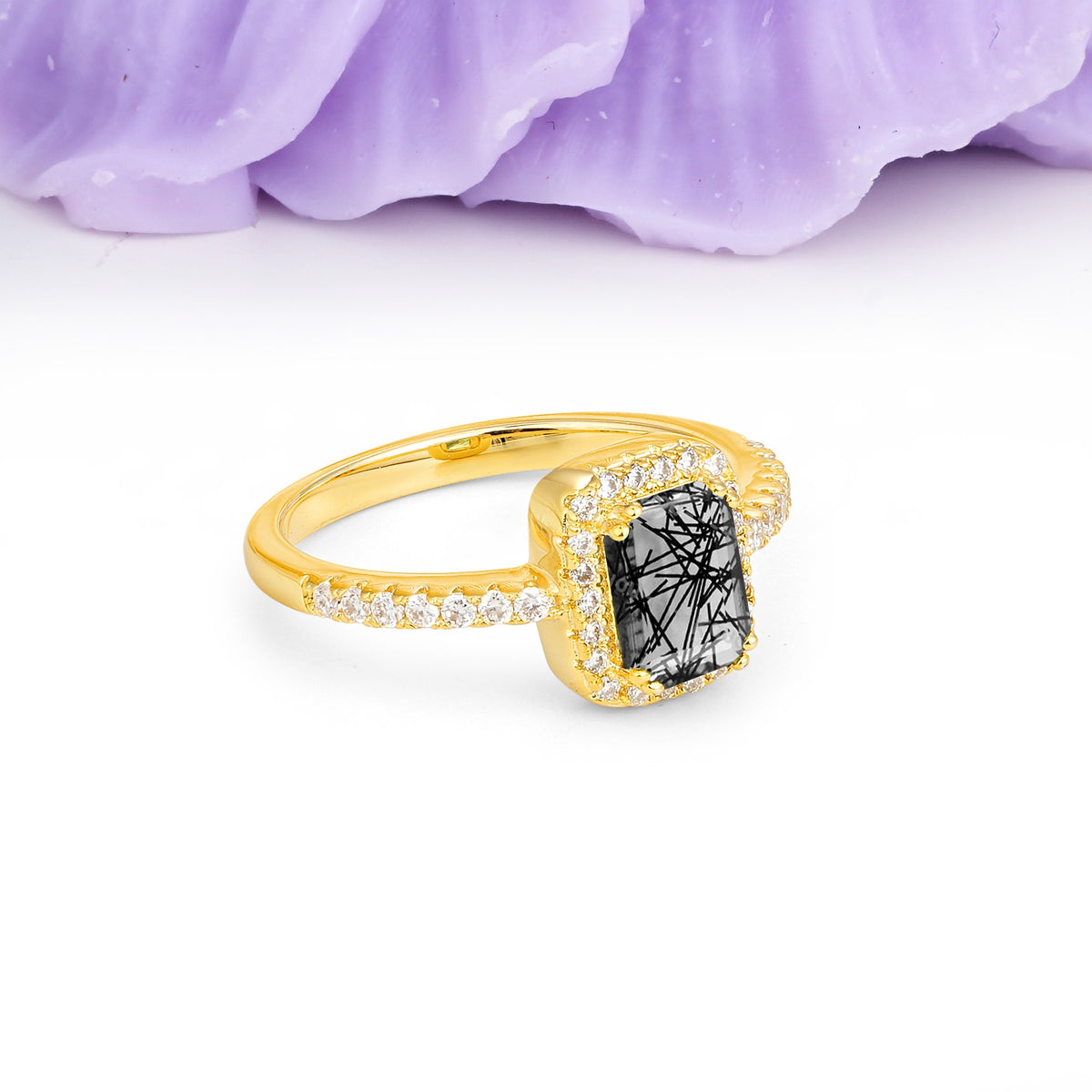 Classic Channel-Set, Vintage-Style 4-Prong Emerald Cut Black Rutilated Quartz Engagement Ring - Additional view