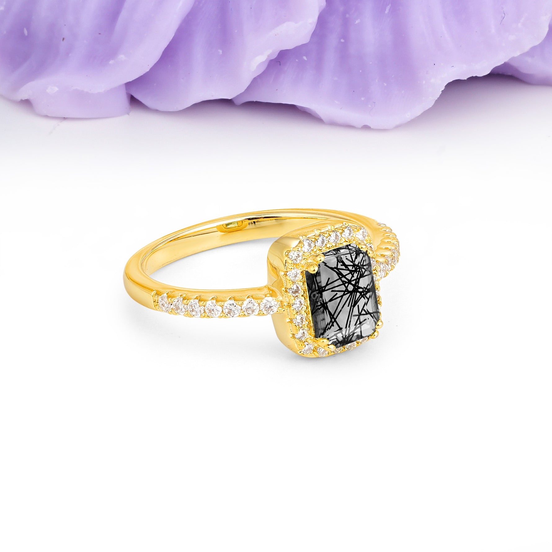 Classic Channel-Set, Vintage-Style 4-Prong Emerald Cut Black Rutilated Quartz Engagement Ring - Additional view