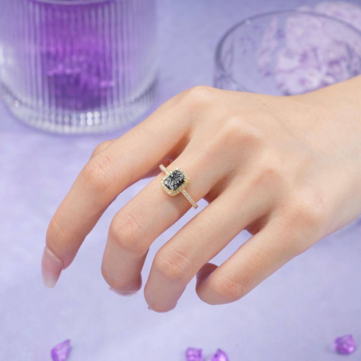Classic Channel-Set, Vintage-Style 4-Prong Emerald Cut Black Rutilated Quartz Engagement Ring