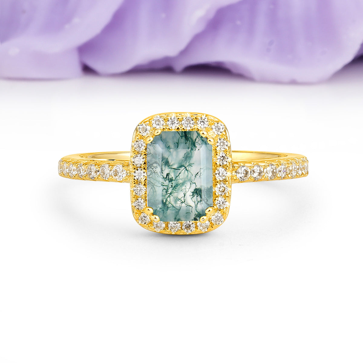Classic Channel-Set, Vintage-Style 4-Prong Emerald Cut Moss Agate Engagement Ring - Additional view
