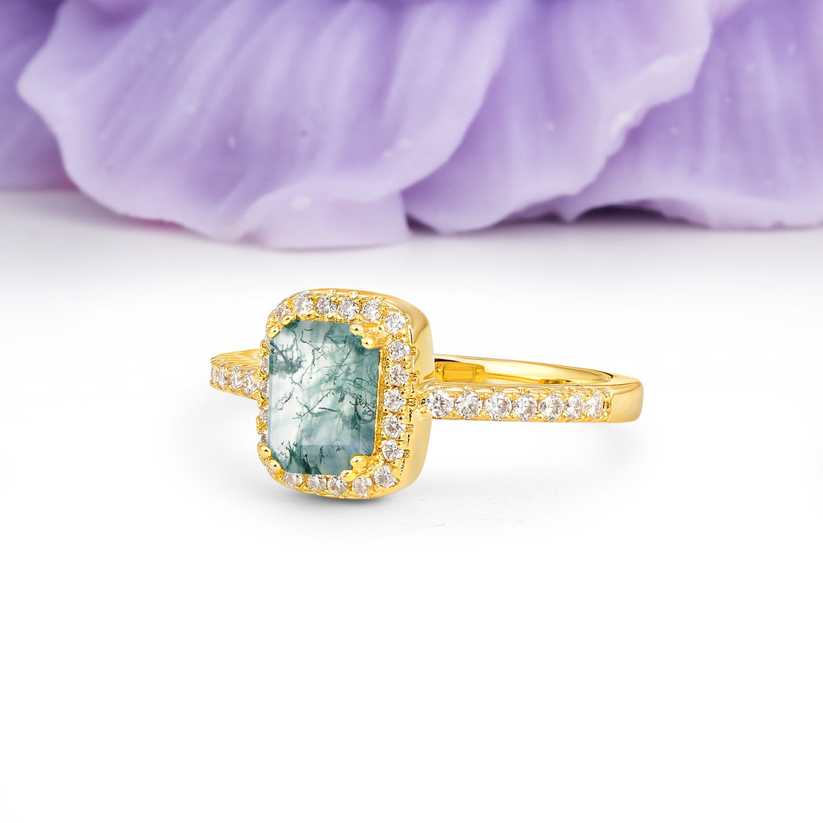 Classic Channel-Set, Vintage-Style 4-Prong Emerald Cut Moss Agate Engagement Ring - Additional view