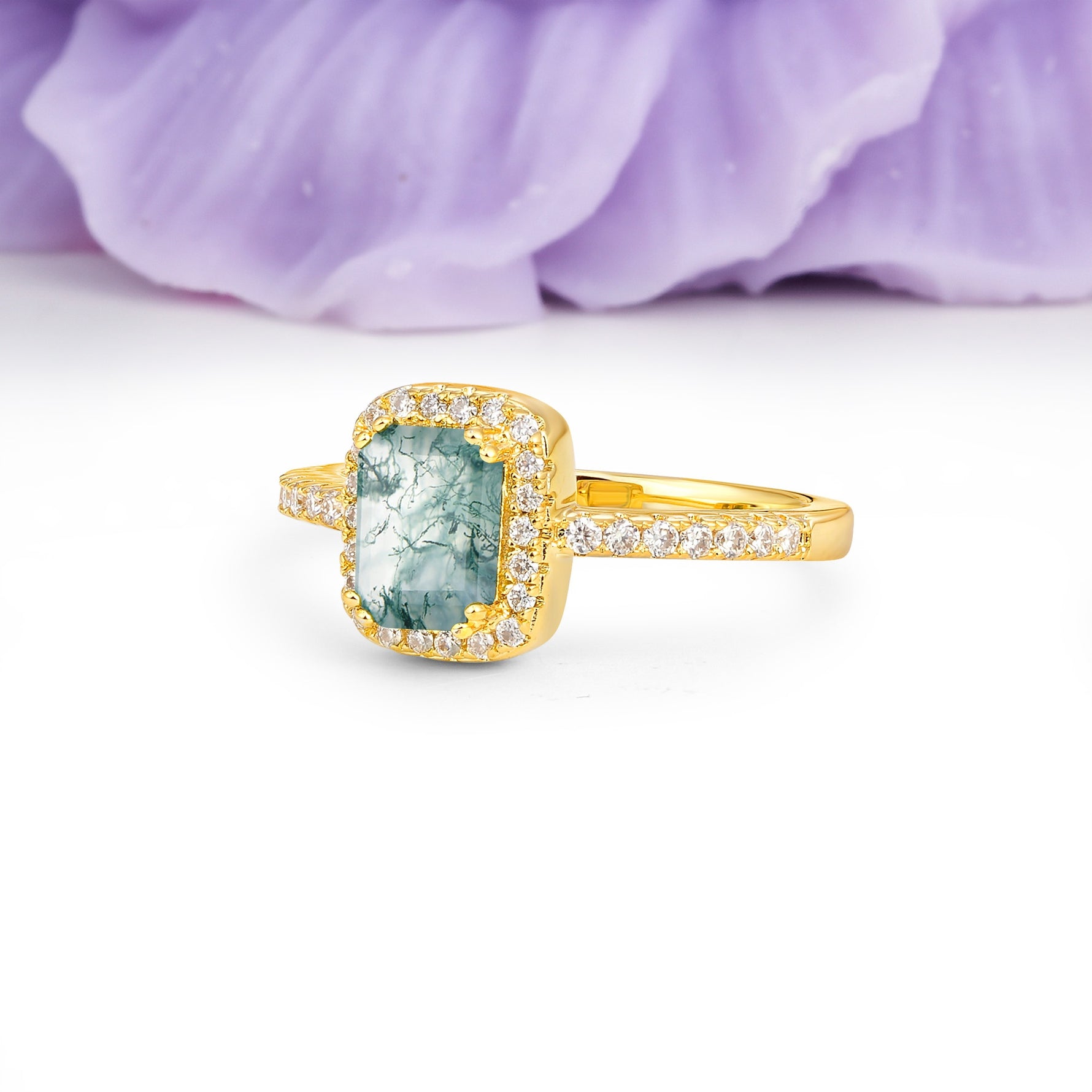 Classic Channel-Set, Vintage-Style 4-Prong Emerald Cut Moss Agate Engagement Ring - Additional view