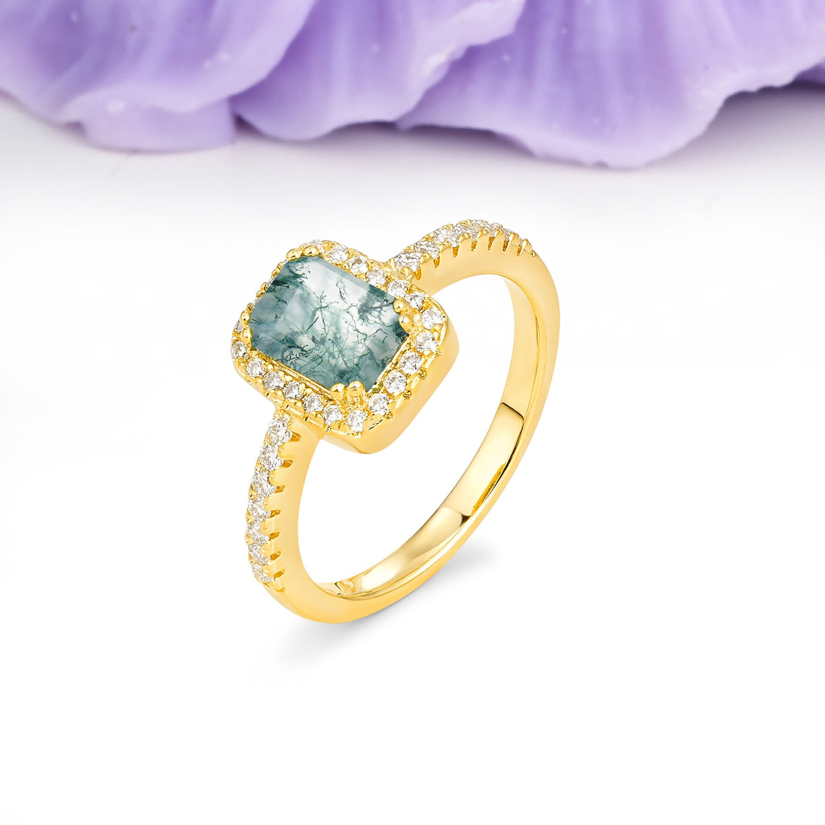 Classic Channel-Set, Vintage-Style 4-Prong Emerald Cut Moss Agate Engagement Ring - Additional view