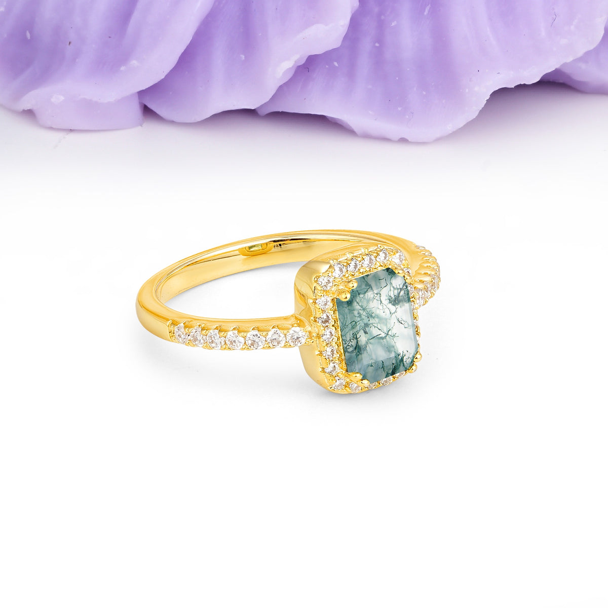 Classic Channel-Set, Vintage-Style 4-Prong Emerald Cut Moss Agate Engagement Ring - Additional view