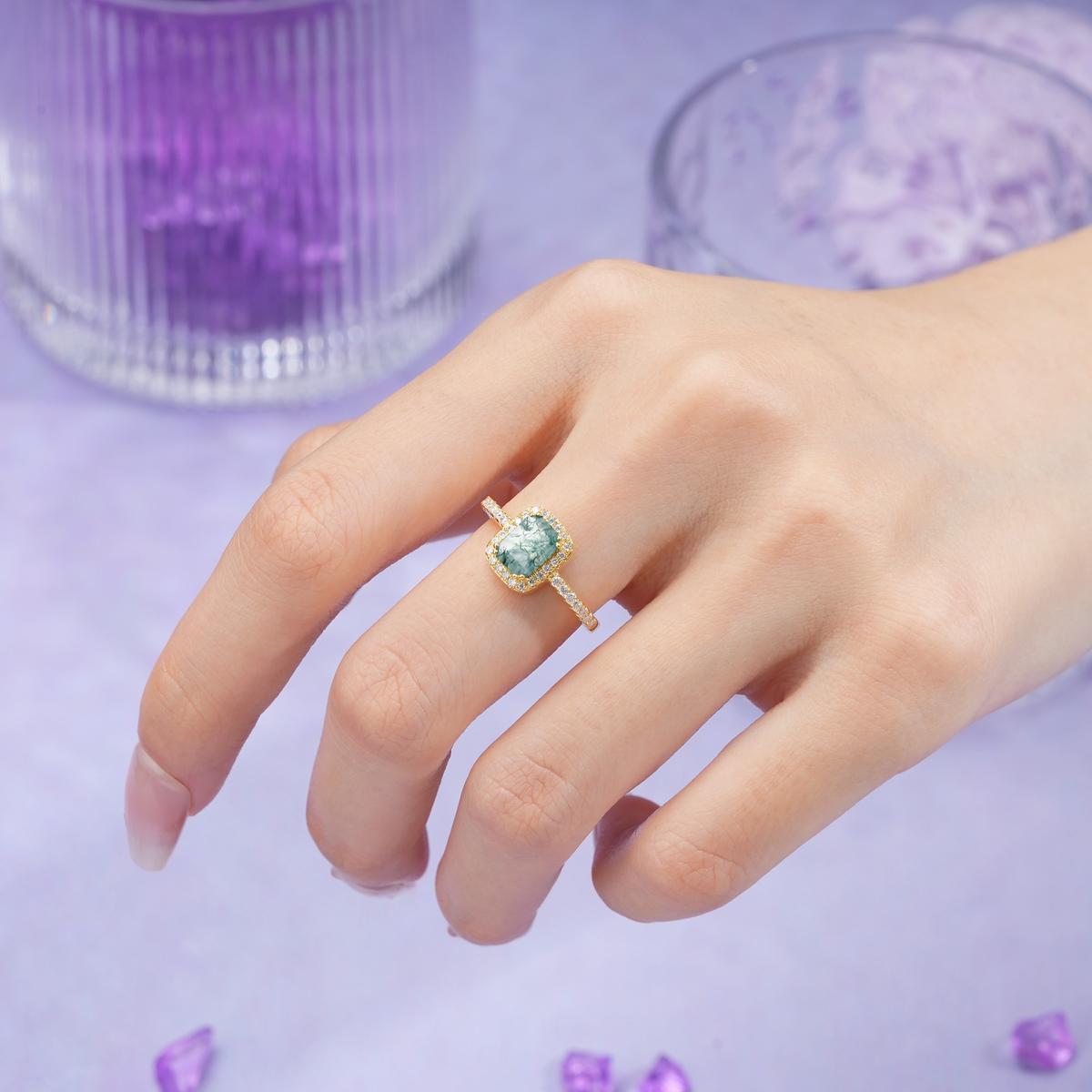 Classic Channel-Set, Vintage-Style 4-Prong Emerald Cut Moss Agate Engagement Ring