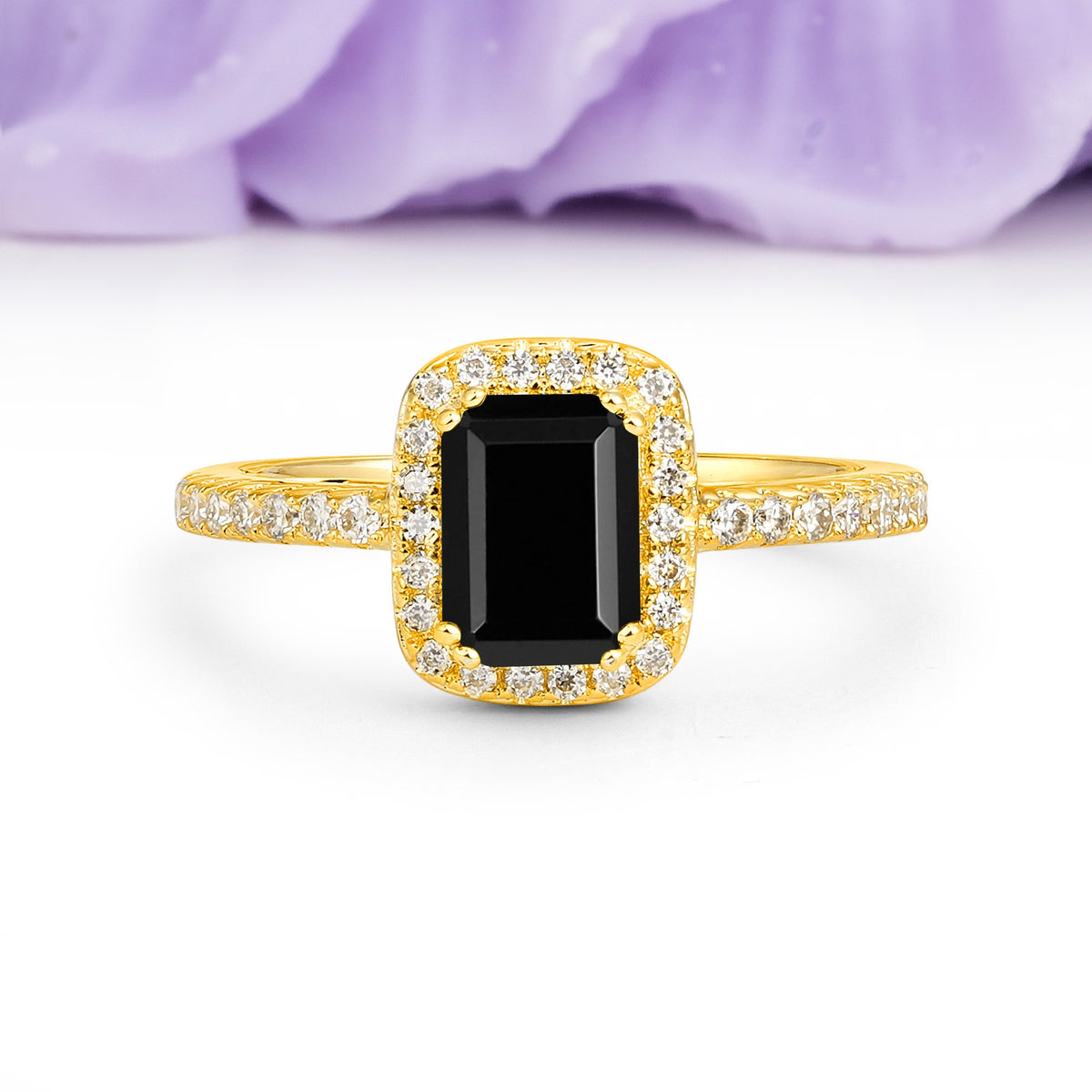Classic Channel-Set, Vintage-Style 4-Prong Emerald Cut Black Onyx Engagement Ring - Additional view