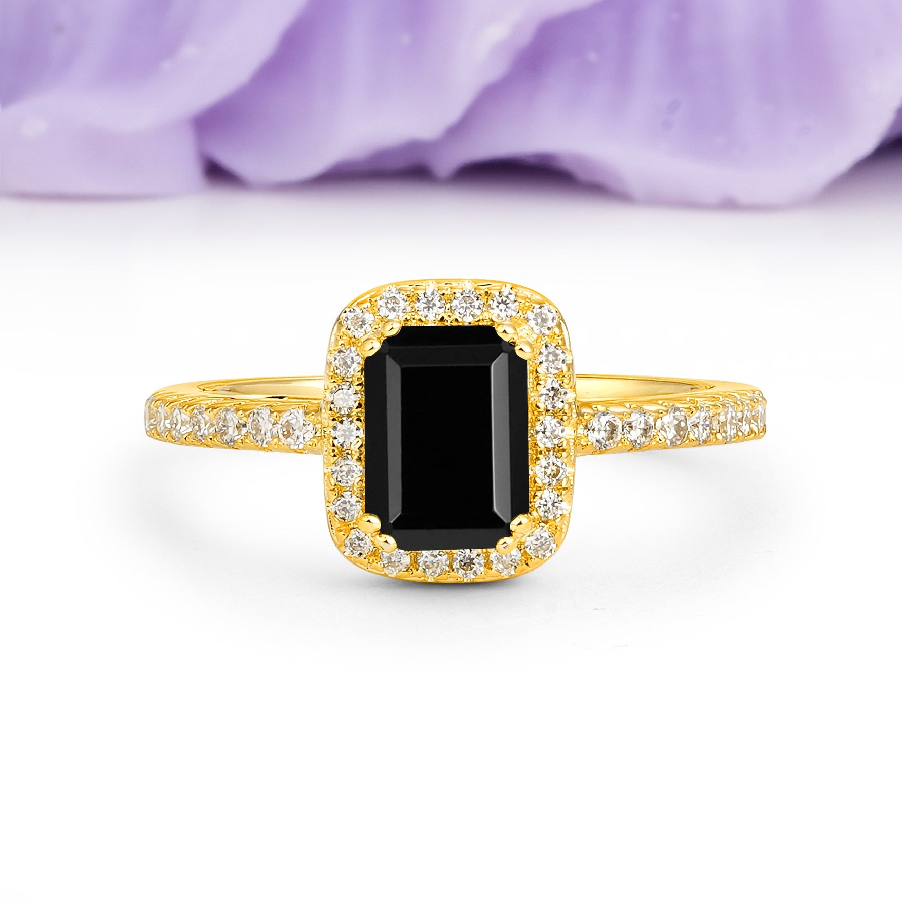 Classic Channel-Set, Vintage-Style 4-Prong Emerald Cut Black Onyx Engagement Ring - Additional view