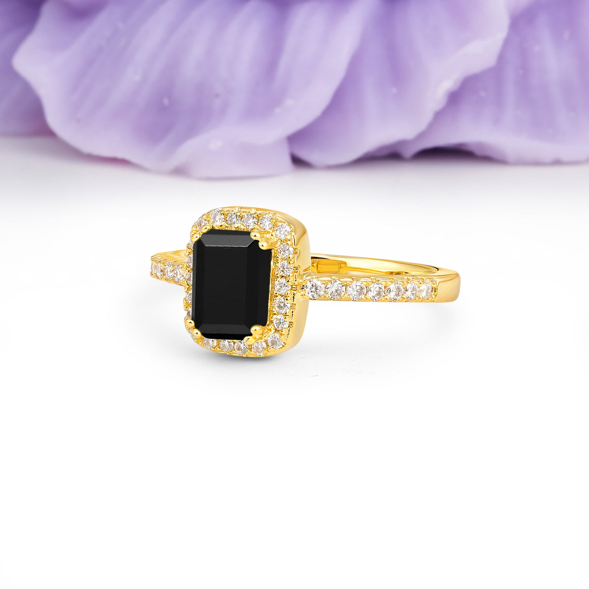 Classic Channel-Set, Vintage-Style 4-Prong Emerald Cut Black Onyx Engagement Ring - Additional view