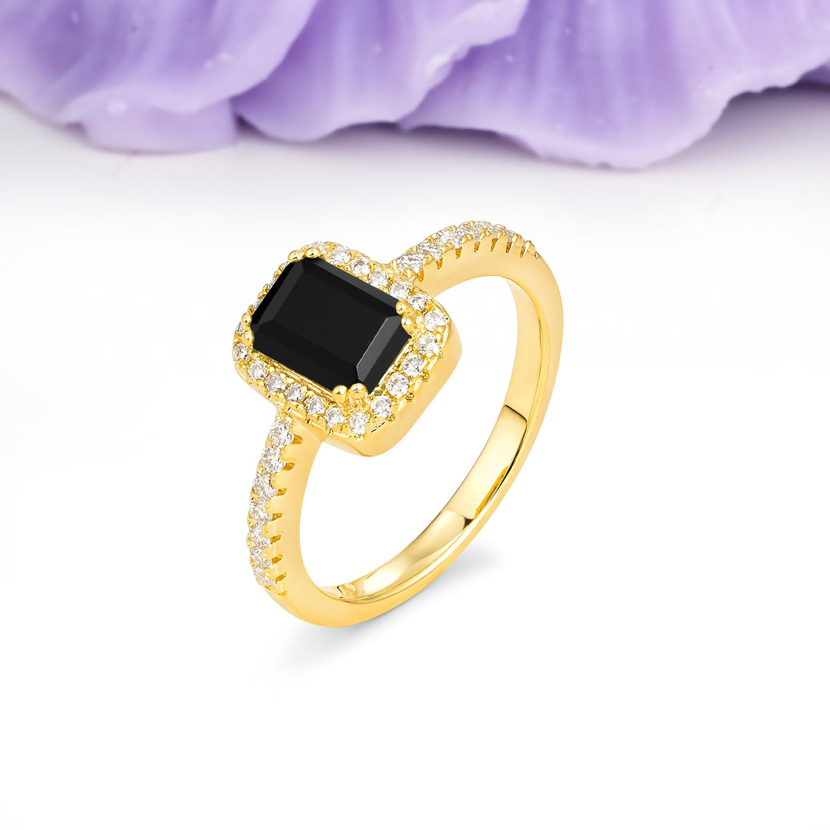 Classic Channel-Set, Vintage-Style 4-Prong Emerald Cut Black Onyx Engagement Ring - Additional view