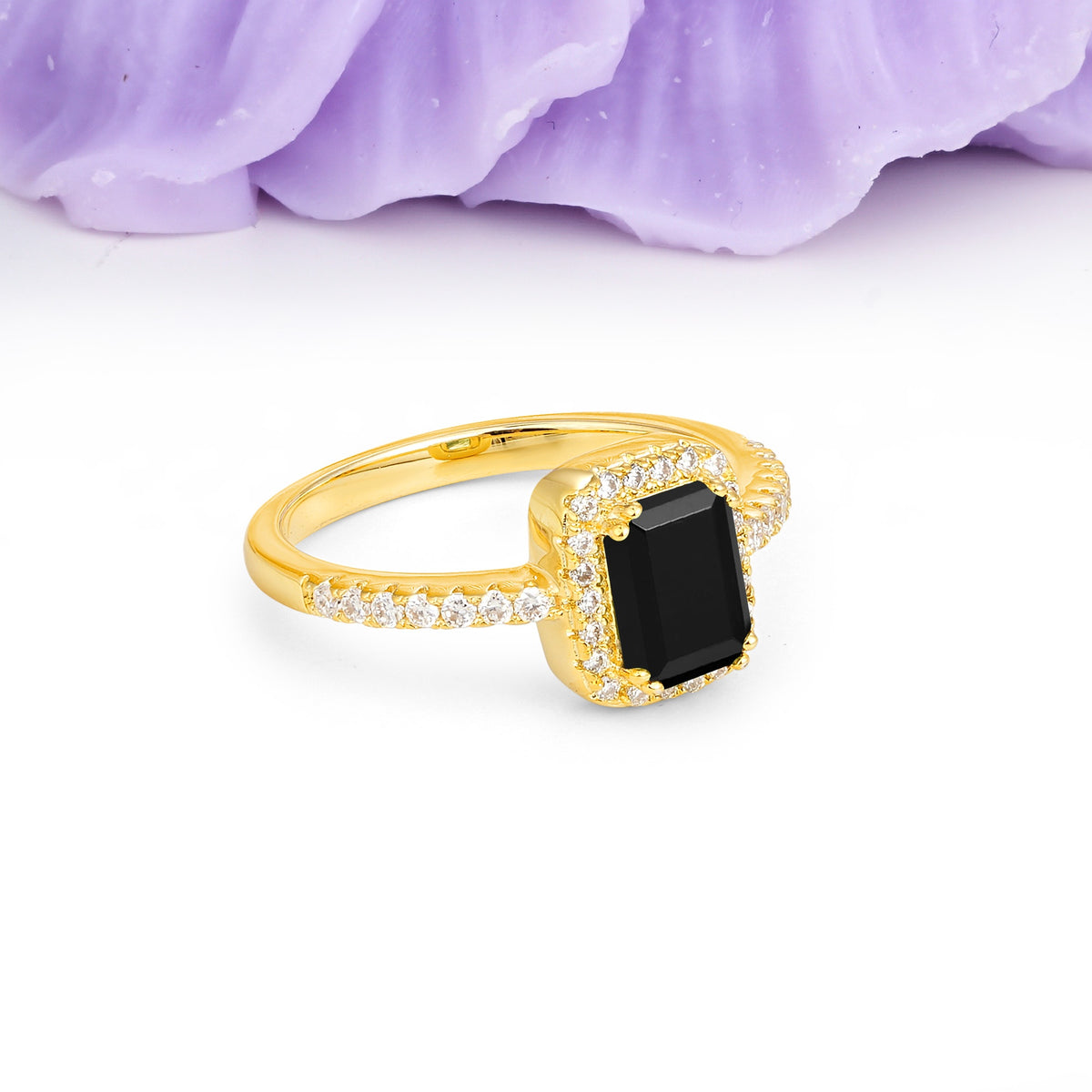 Classic Channel-Set, Vintage-Style 4-Prong Emerald Cut Black Onyx Engagement Ring - Additional view