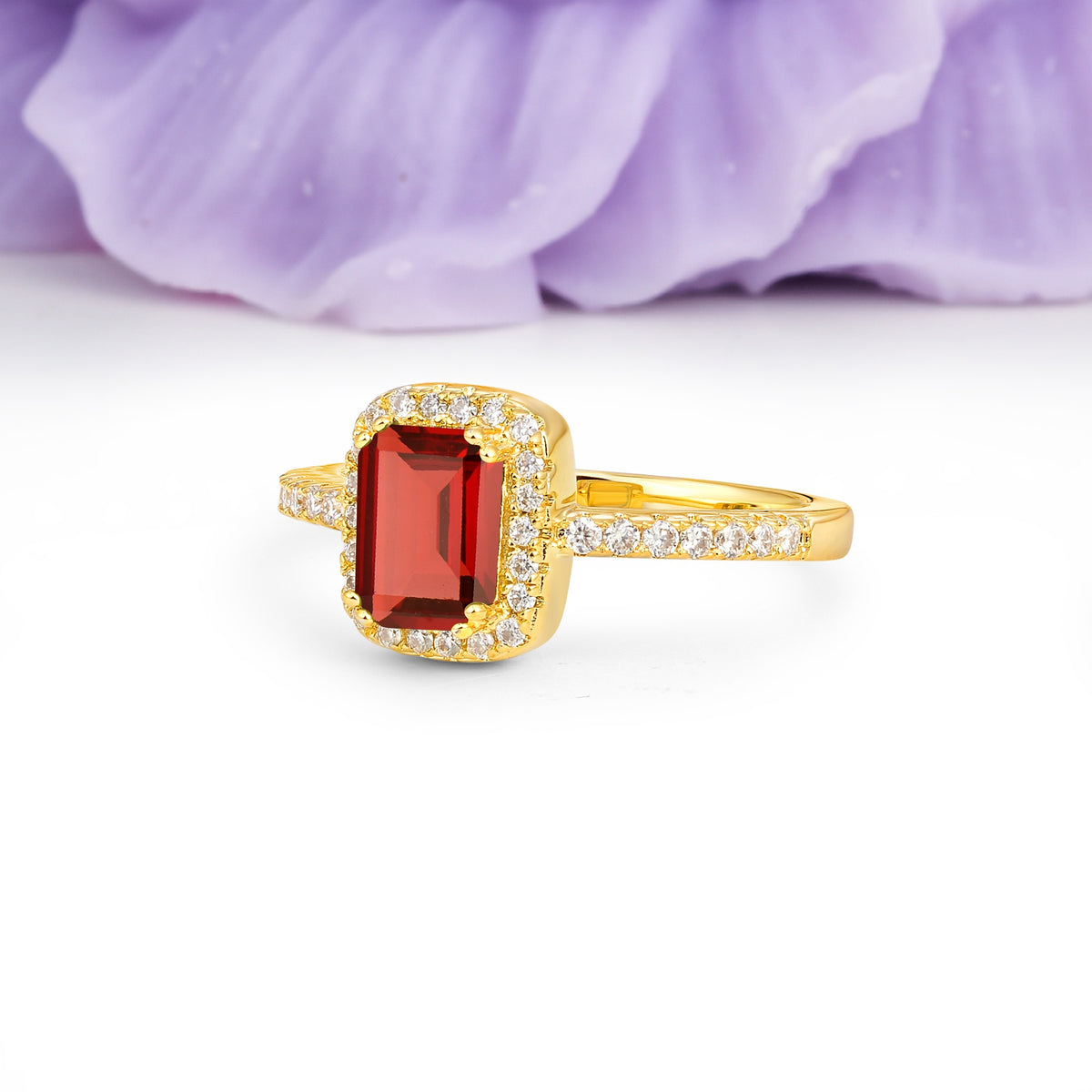 Classic Channel-Set, Vintage-Style 4-Prong Emerald Cut Garnet Engagement Ring - Additional view