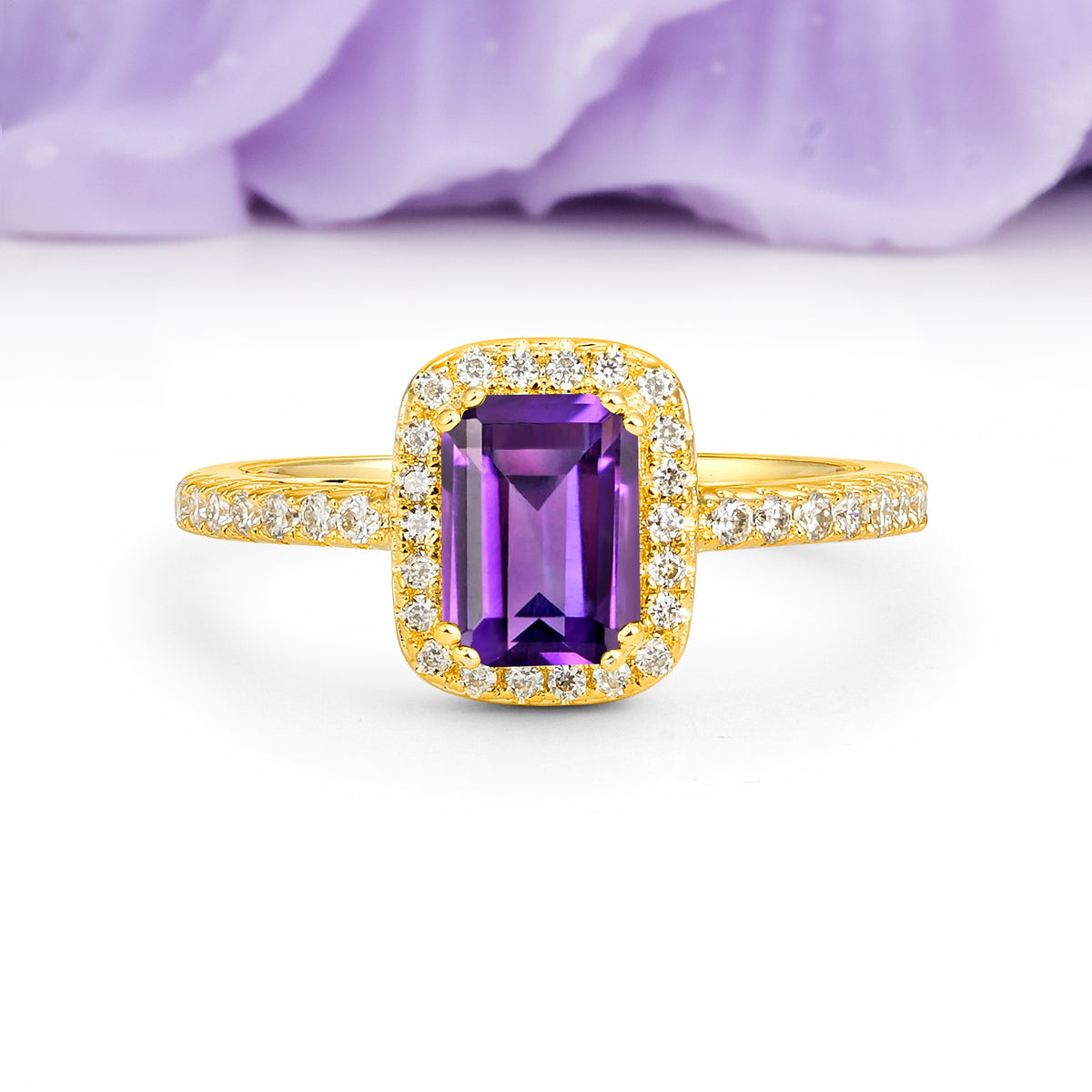 Classic Channel-Set, Vintage-Style 4-Prong Emerald Cut Amethyst Engagement Ring - Additional view