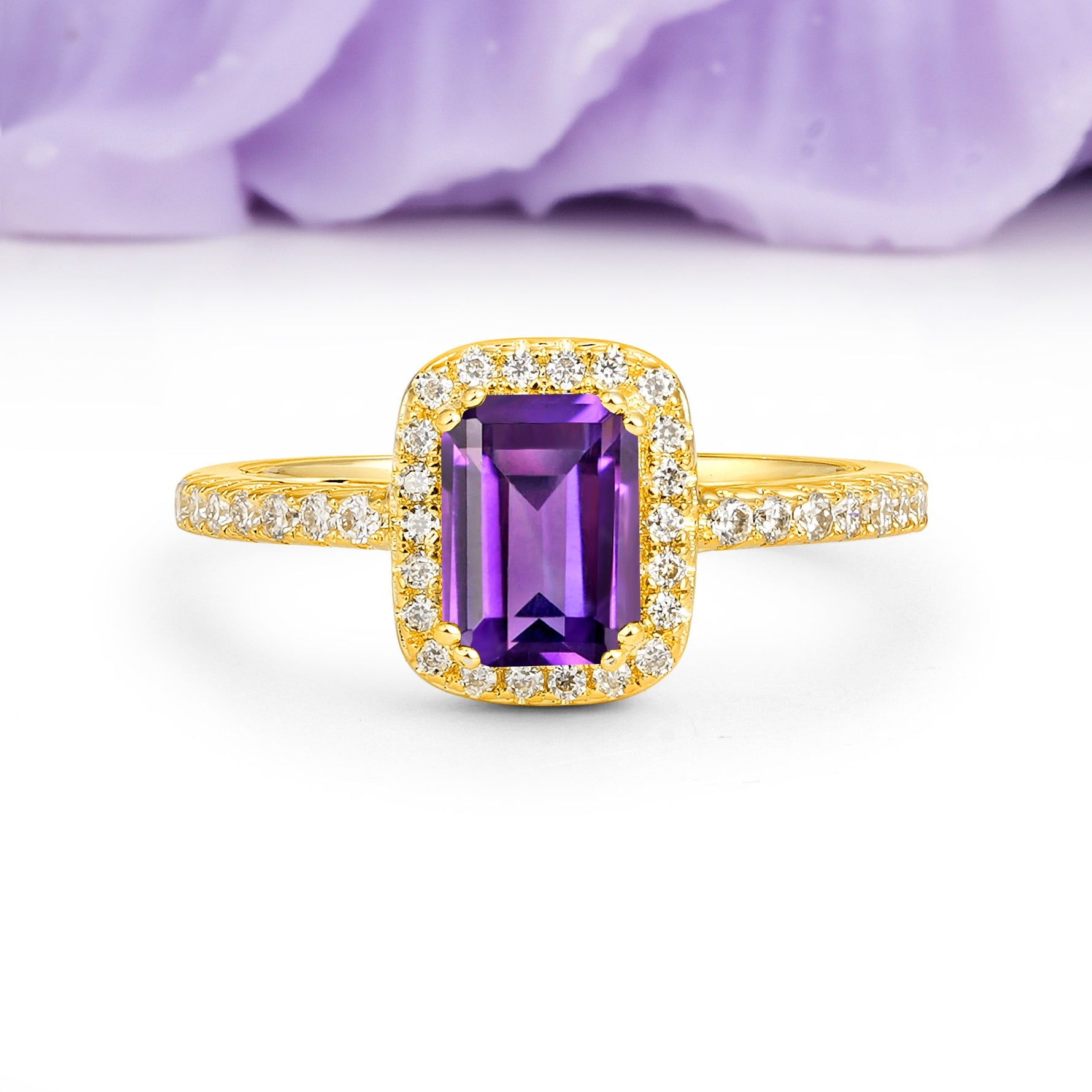 Classic Channel-Set, Vintage-Style 4-Prong Emerald Cut Amethyst Engagement Ring - Additional view