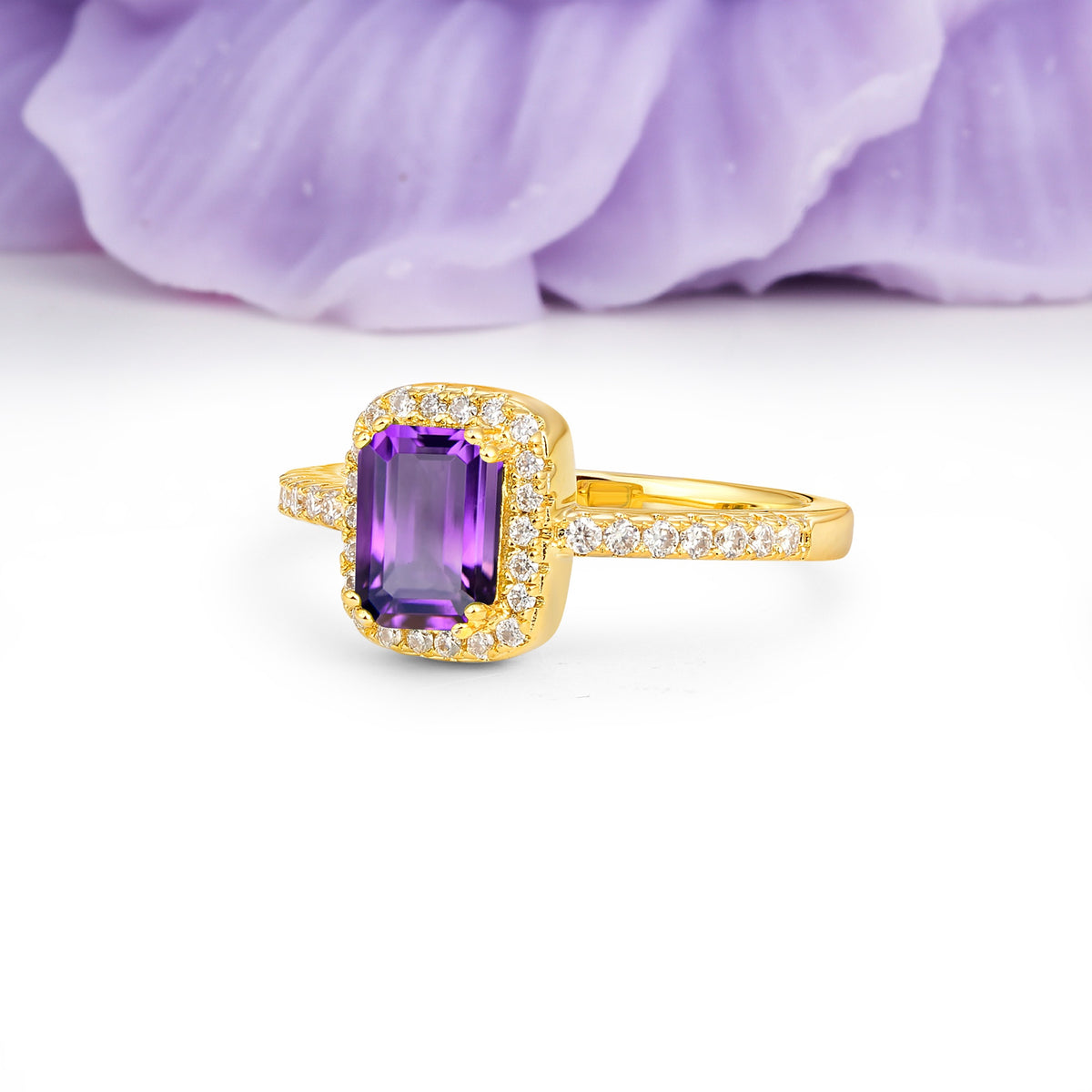Classic Channel-Set, Vintage-Style 4-Prong Emerald Cut Amethyst Engagement Ring - Additional view