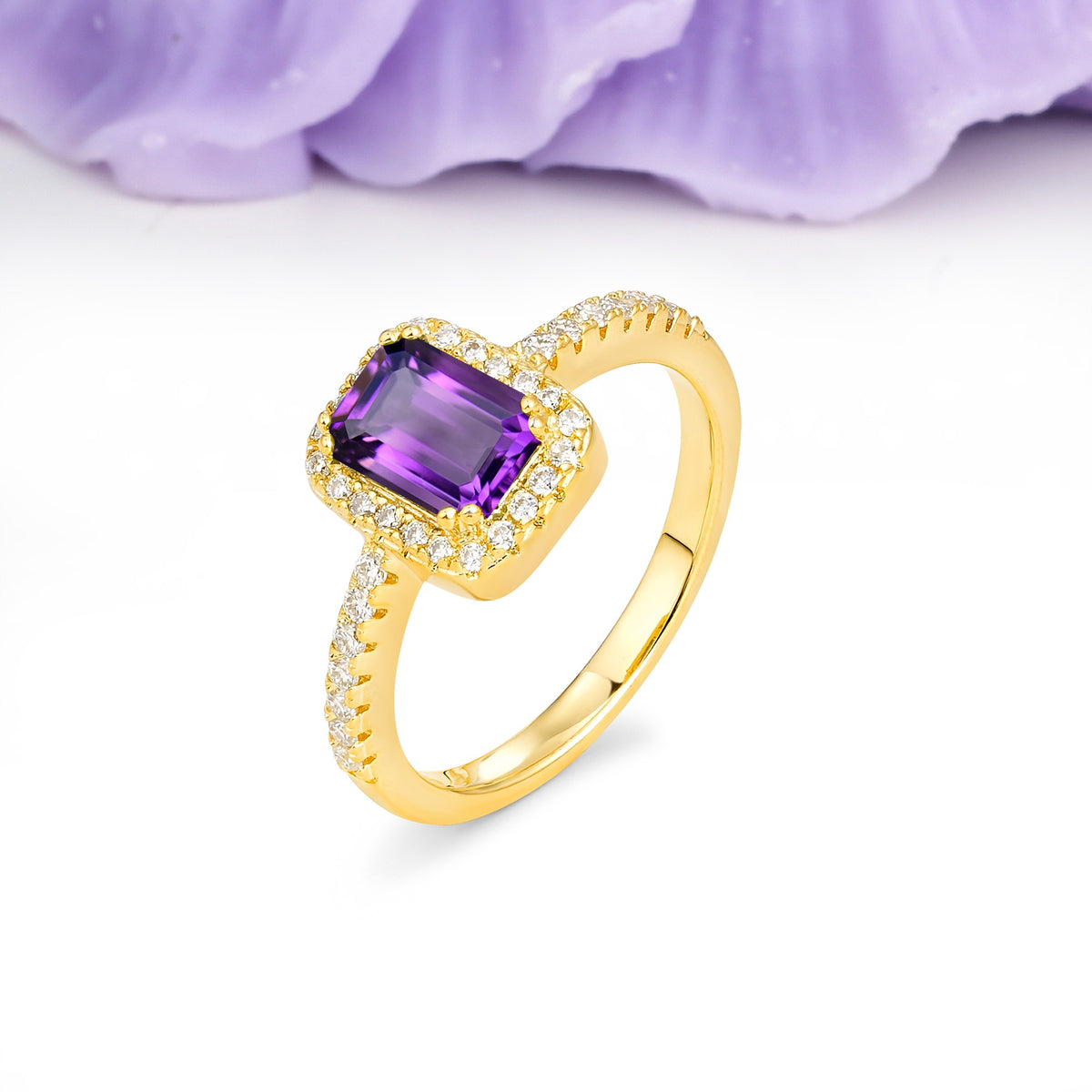 Classic Channel-Set, Vintage-Style 4-Prong Emerald Cut Amethyst Engagement Ring - Additional view