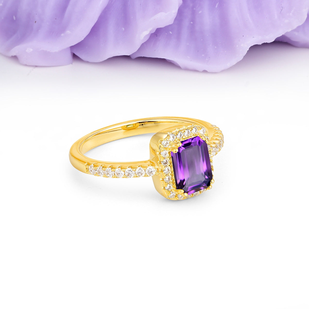 Classic Channel-Set, Vintage-Style 4-Prong Emerald Cut Amethyst Engagement Ring - Additional view