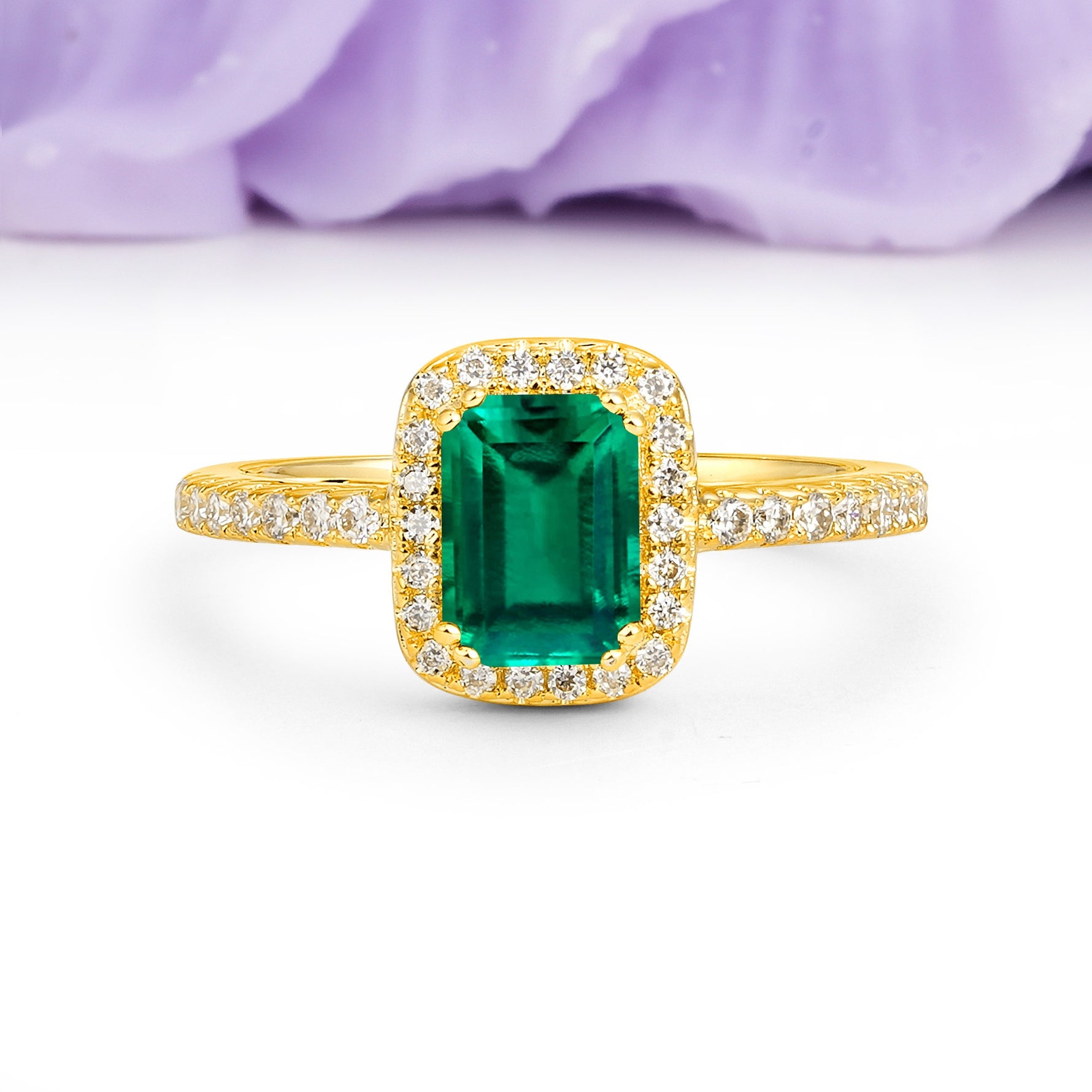 Classic Channel-Set, Vintage-Style 4-Prong Emerald Cut Emerald Engagement Ring - Additional view