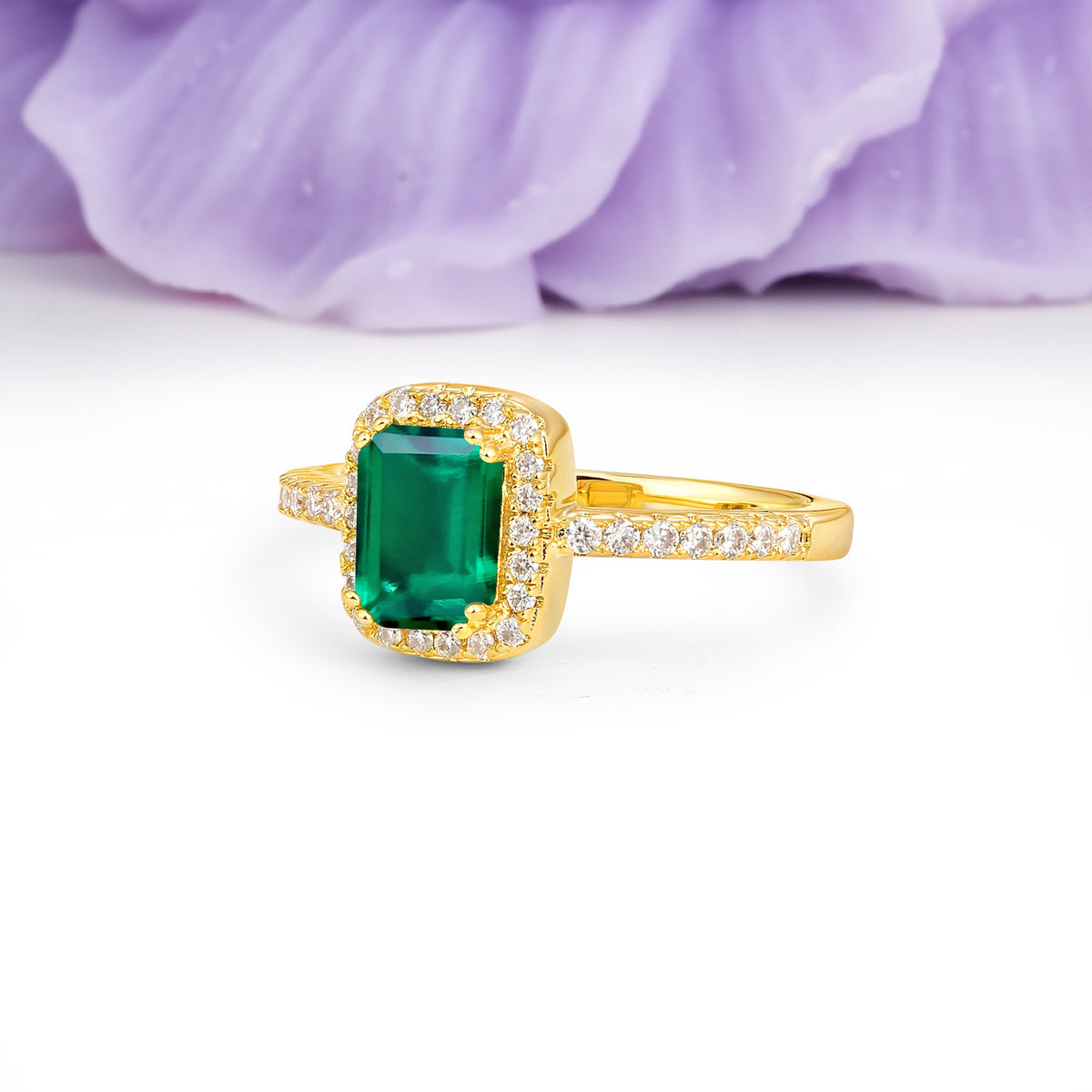 Classic Channel-Set, Vintage-Style 4-Prong Emerald Cut Emerald Engagement Ring - Additional view