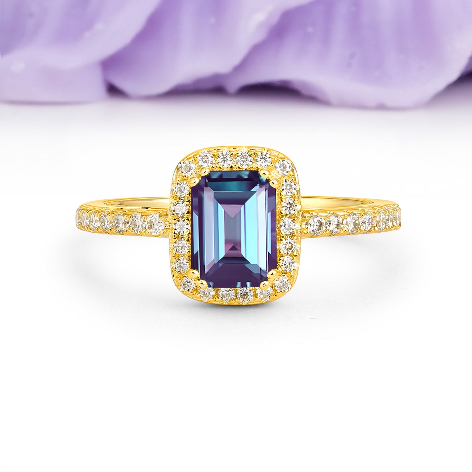 Classic Channel-Set, Vintage-Style 4-Prong Emerald Cut Alexandrite Engagement Ring - Additional view