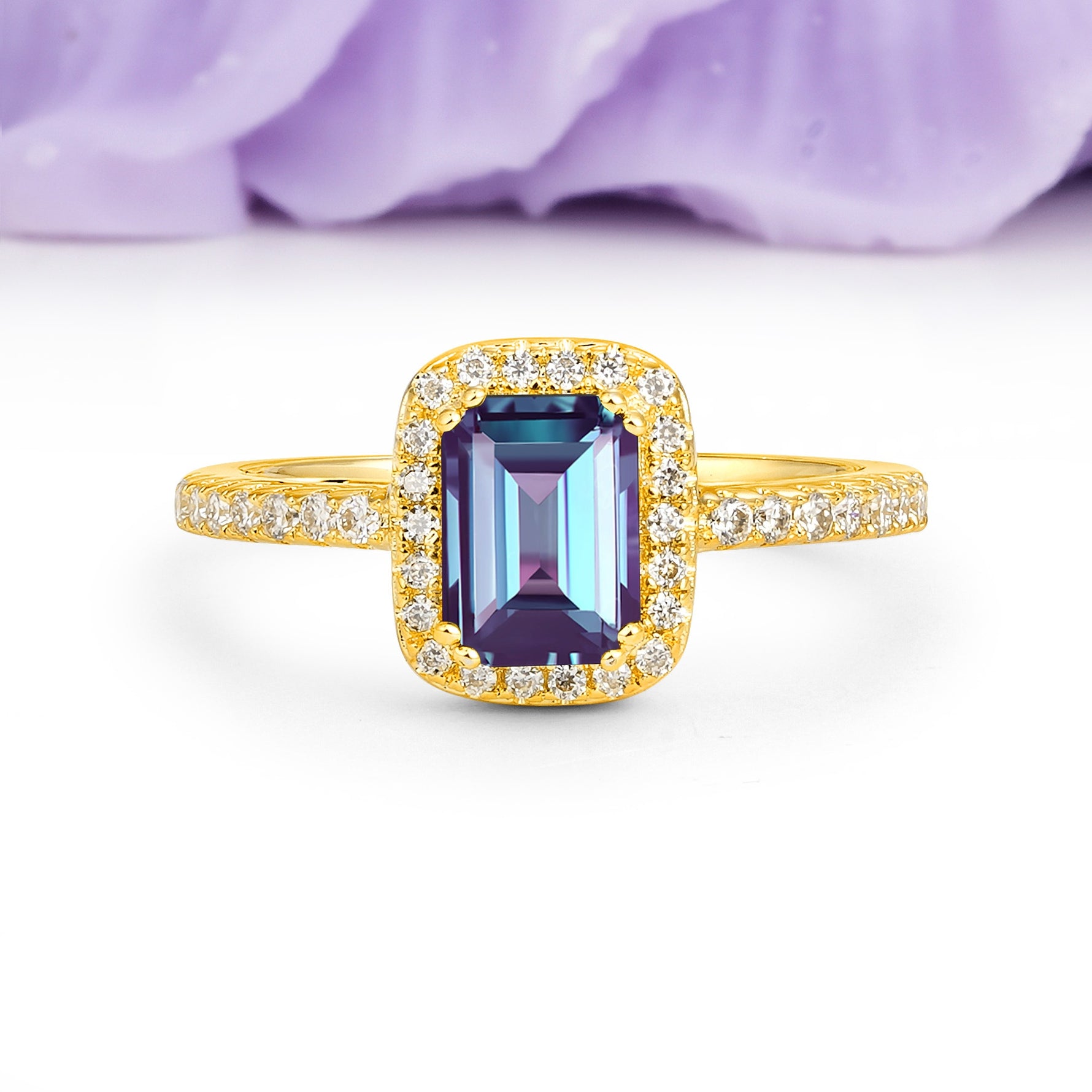 Classic Channel-Set, Vintage-Style 4-Prong Emerald Cut Alexandrite Engagement Ring - Additional view