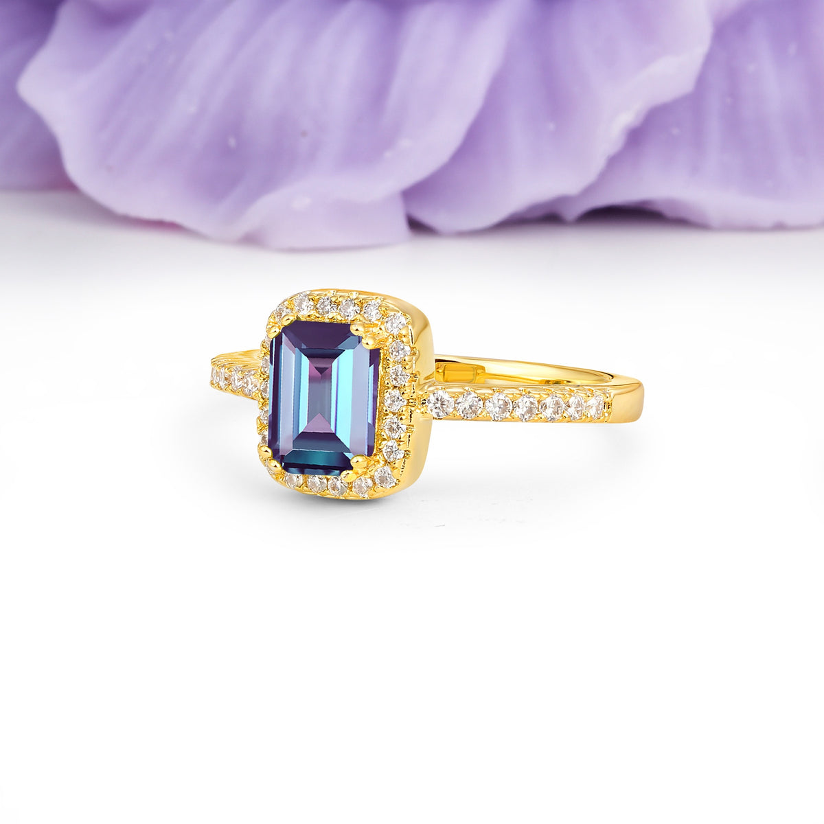 Classic Channel-Set, Vintage-Style 4-Prong Emerald Cut Alexandrite Engagement Ring - Additional view