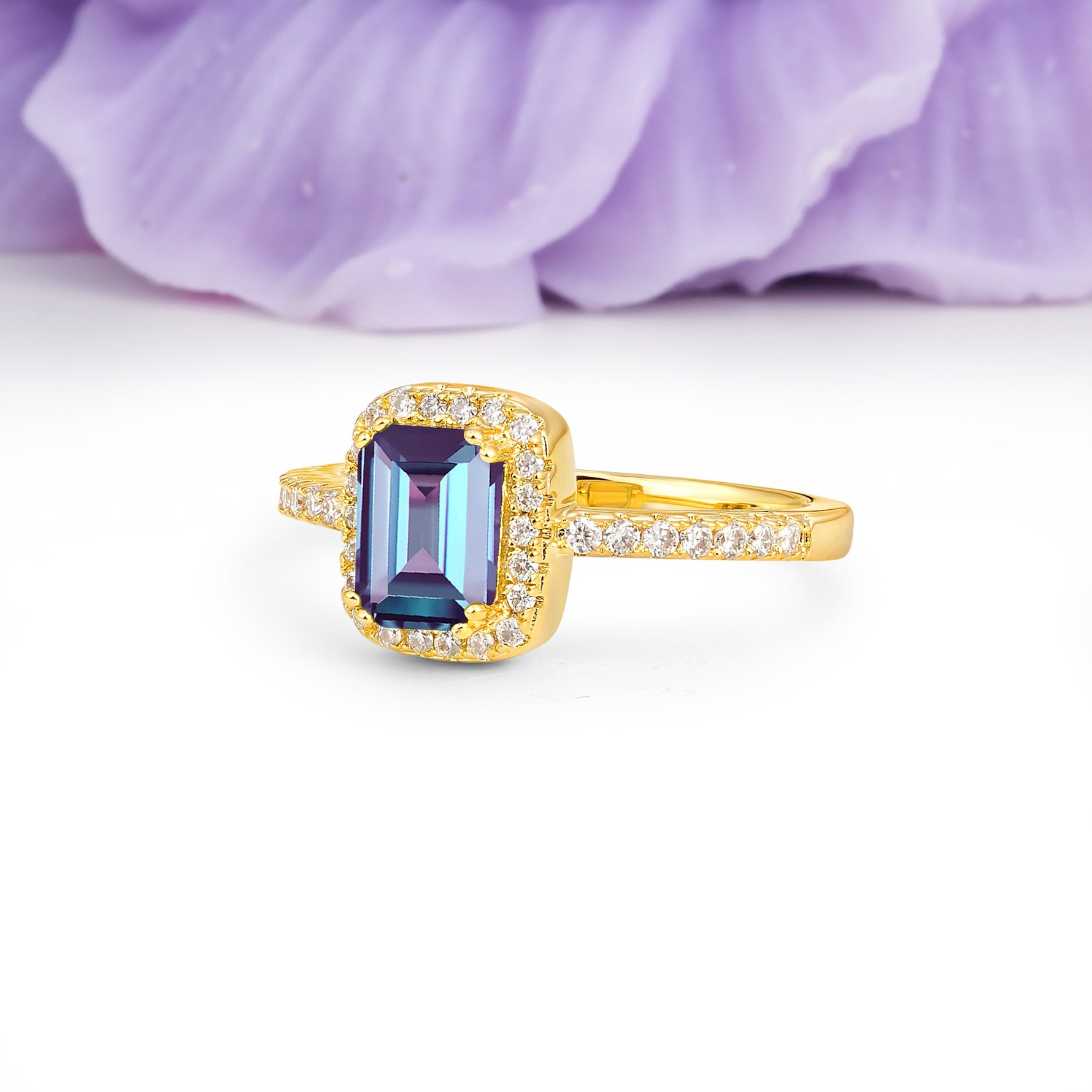 Classic Channel-Set, Vintage-Style 4-Prong Emerald Cut Alexandrite Engagement Ring - Additional view