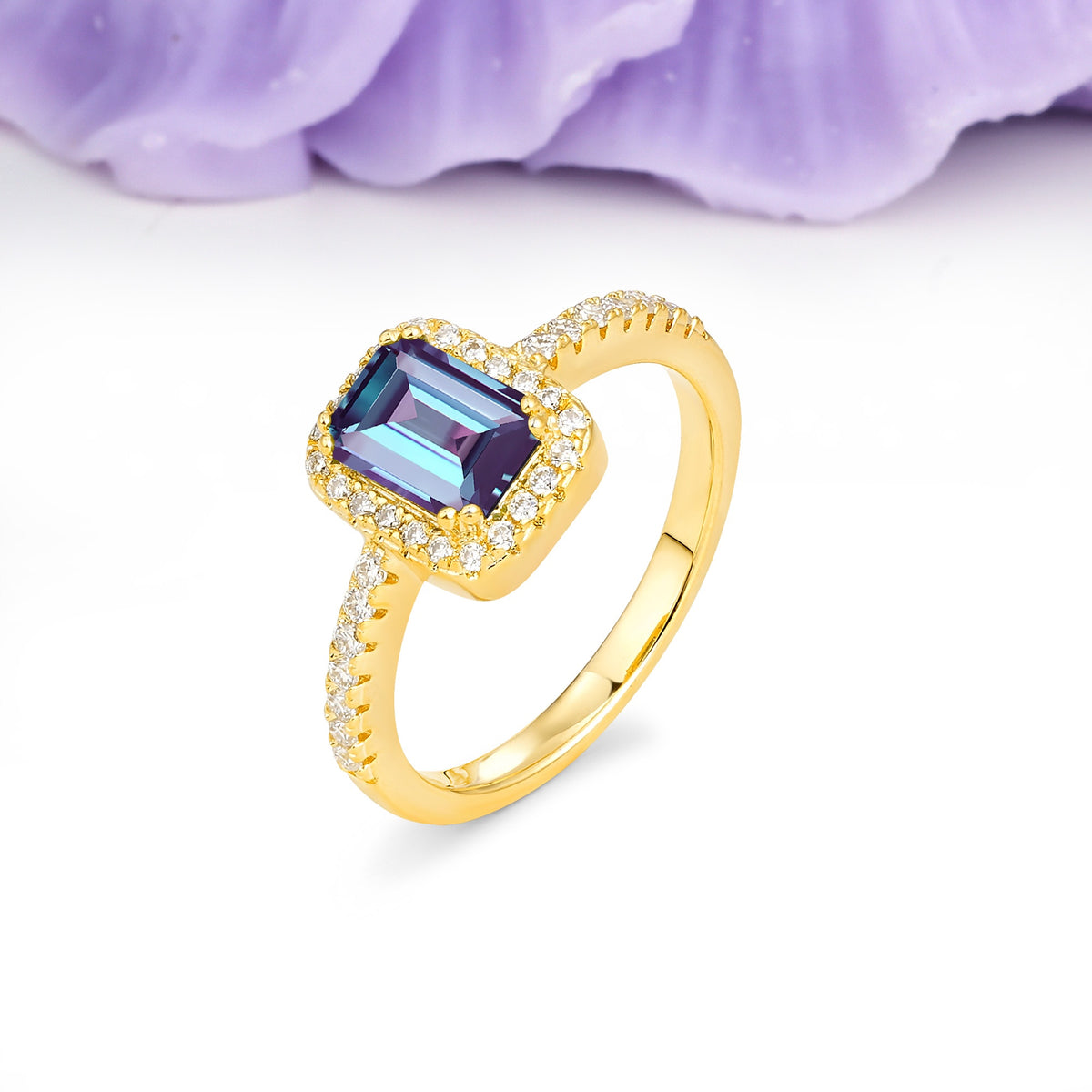 Classic Channel-Set, Vintage-Style 4-Prong Emerald Cut Alexandrite Engagement Ring - Additional view