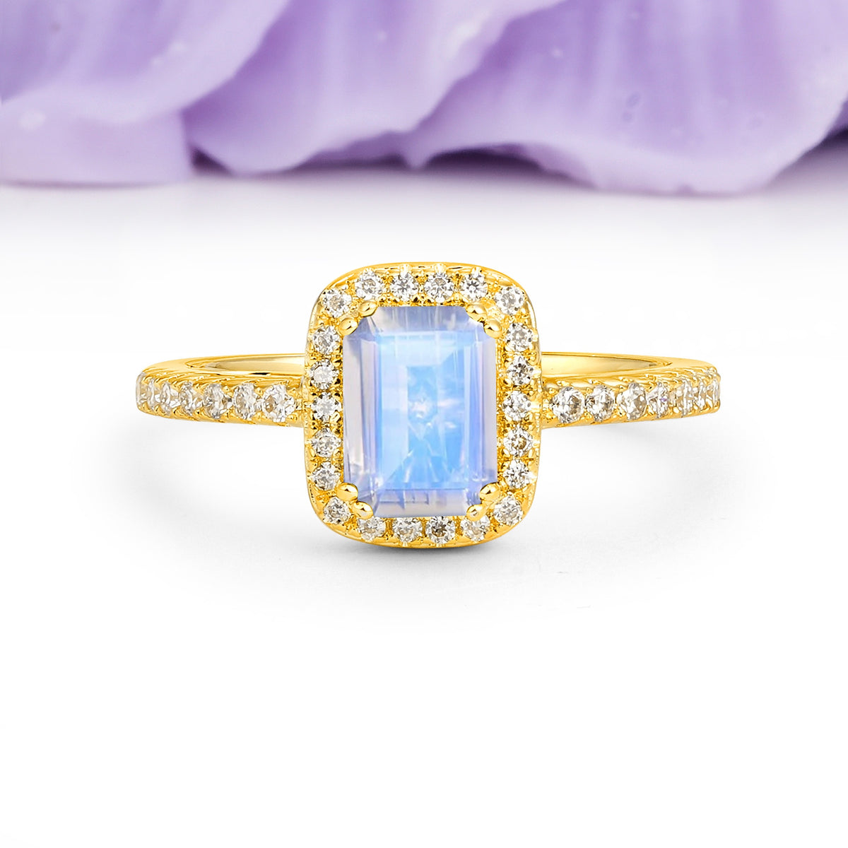 Classic Channel-Set, Vintage-Style 4-Prong Emerald Cut Moonstone Engagement Ring - Additional view