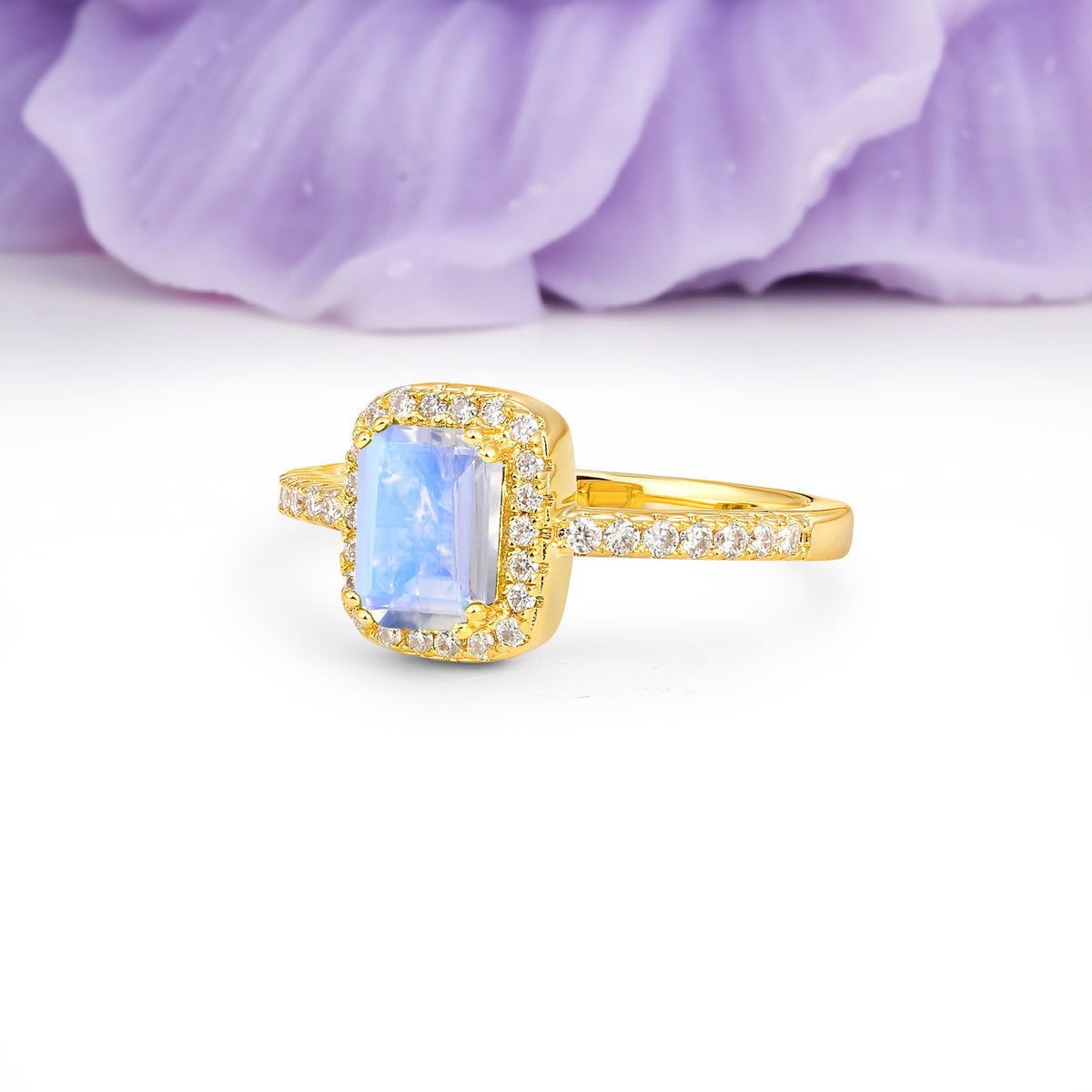 Classic Channel-Set, Vintage-Style 4-Prong Emerald Cut Moonstone Engagement Ring - Additional view