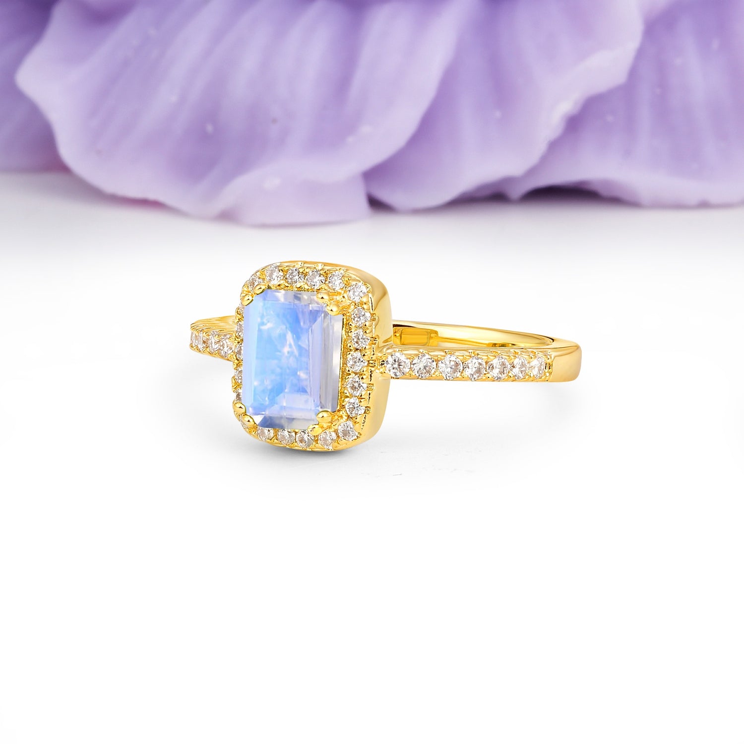 Classic Channel-Set, Vintage-Style 4-Prong Emerald Cut Moonstone Engagement Ring - Additional view