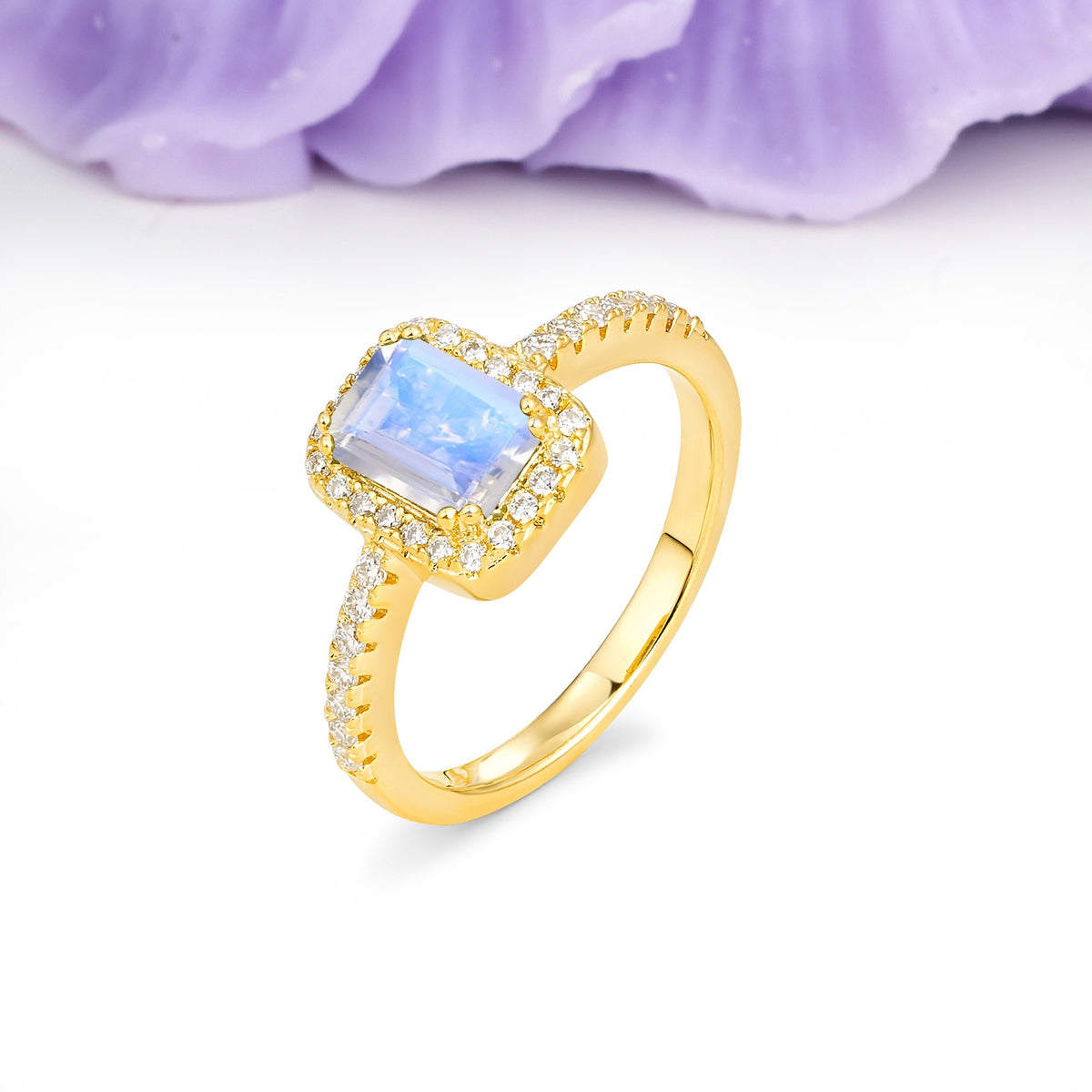 Classic Channel-Set, Vintage-Style 4-Prong Emerald Cut Moonstone Engagement Ring - Additional view