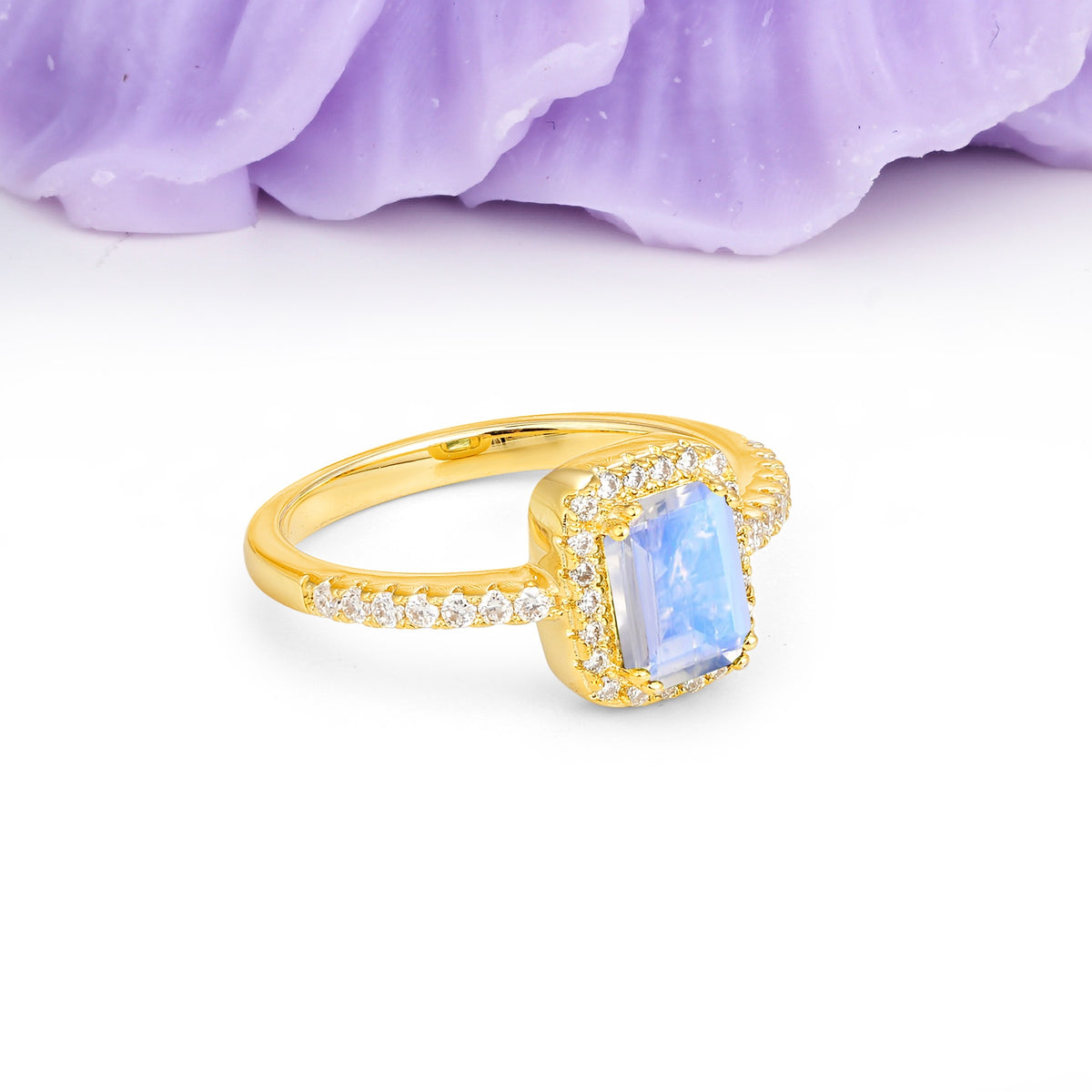 Classic Channel-Set, Vintage-Style 4-Prong Emerald Cut Moonstone Engagement Ring - Additional view