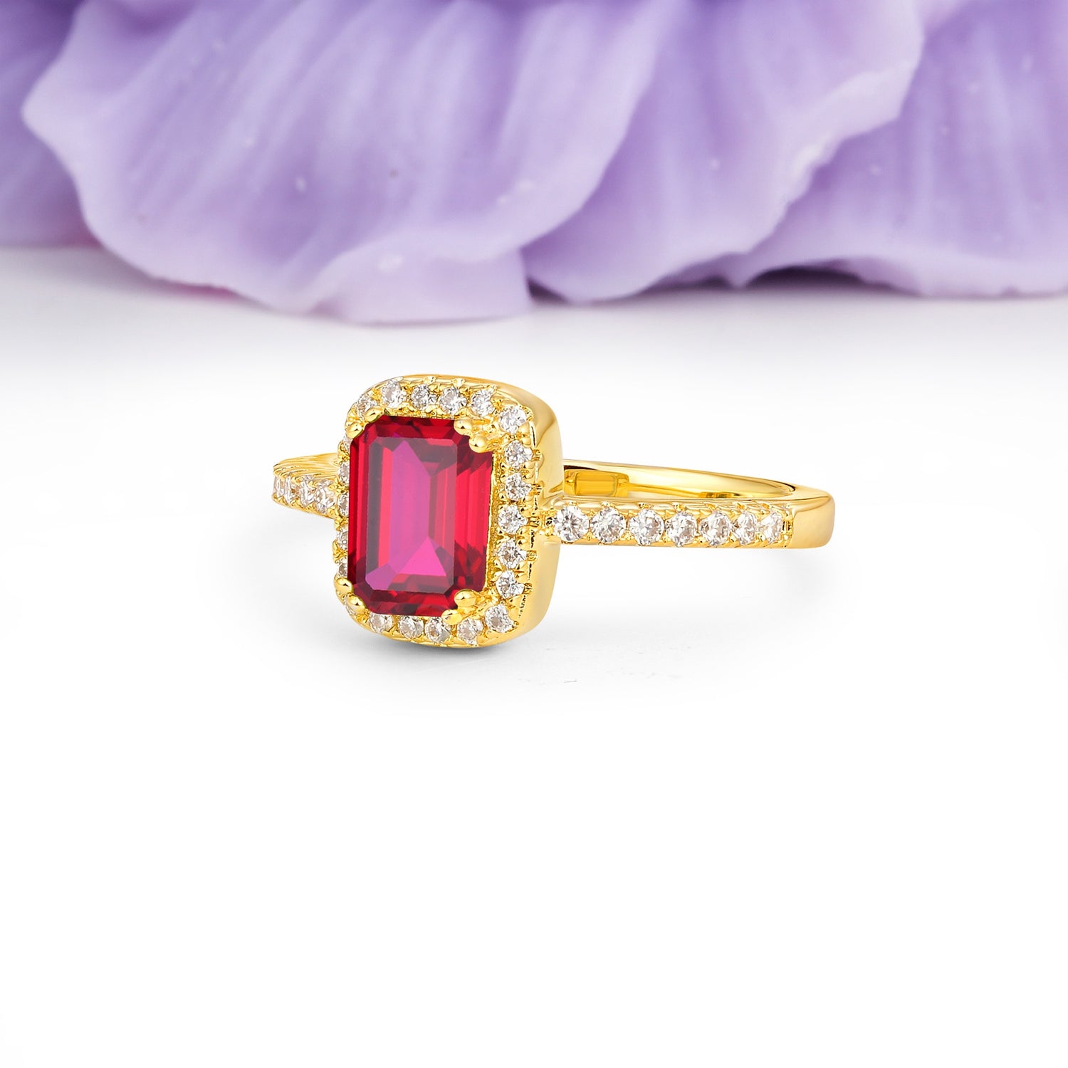 Classic Channel-Set, Vintage-Style 4-Prong Emerald Cut Ruby Engagement Ring - Additional view