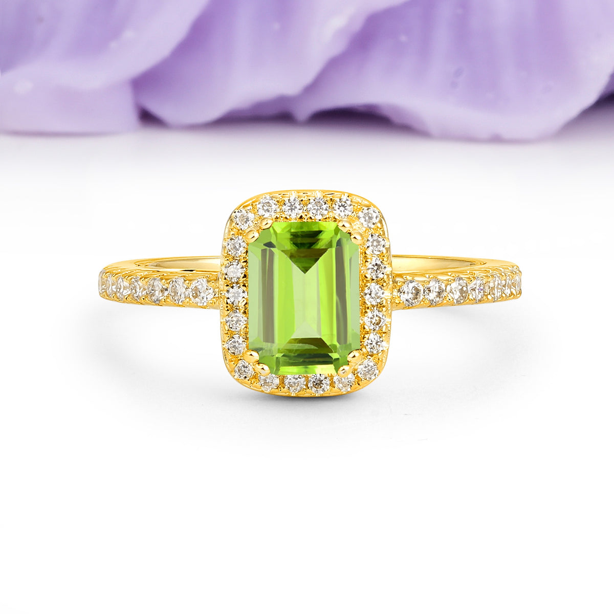 Classic Channel-Set, Vintage-Style 4-Prong Emerald Cut Peridot Engagement Ring - Additional view