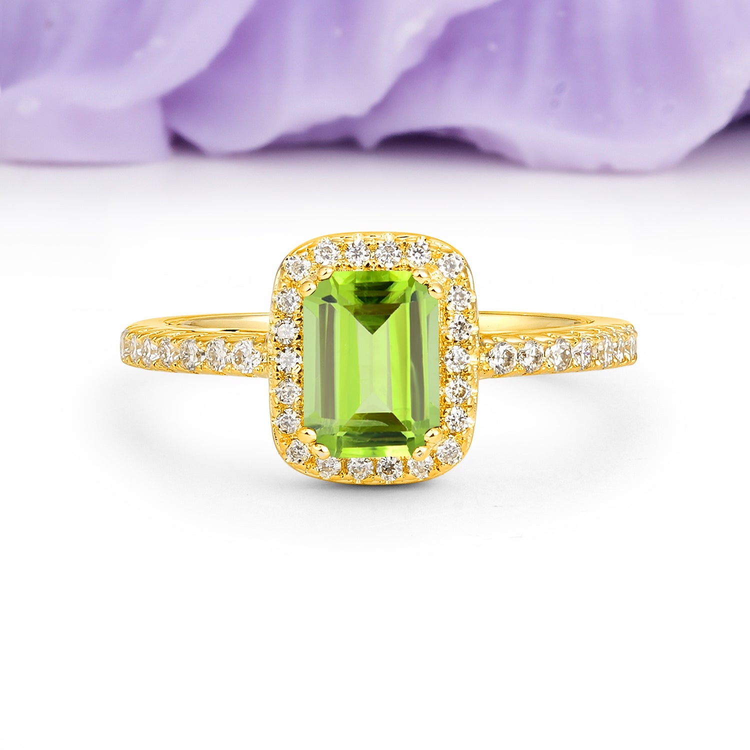 Classic Channel-Set, Vintage-Style 4-Prong Emerald Cut Peridot Engagement Ring - Additional view