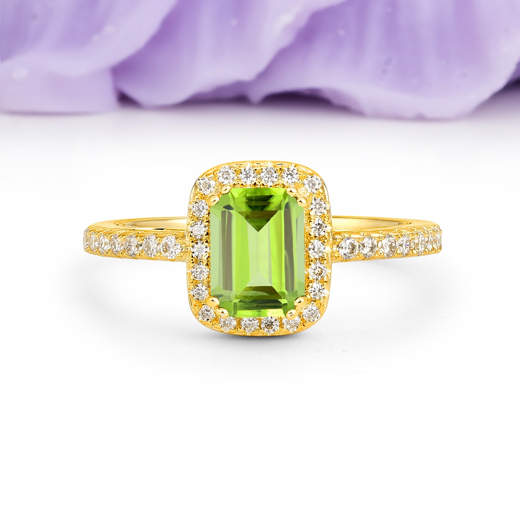 Classic Channel-Set, Vintage-Style 4-Prong Emerald Cut Peridot Engagement Ring - Additional view