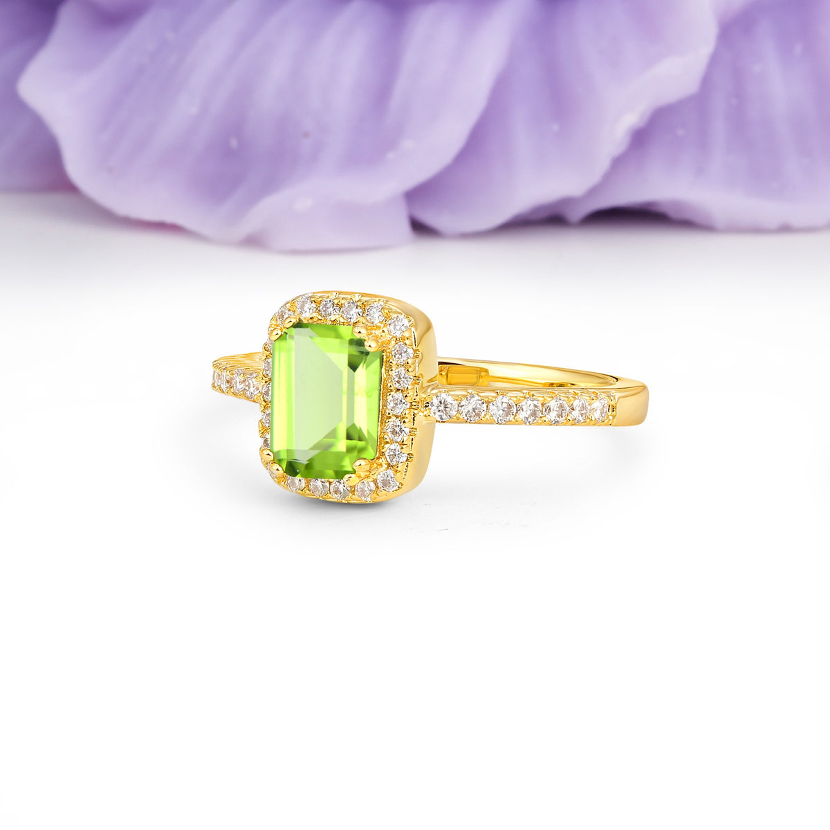 Classic Channel-Set, Vintage-Style 4-Prong Emerald Cut Peridot Engagement Ring - Additional view