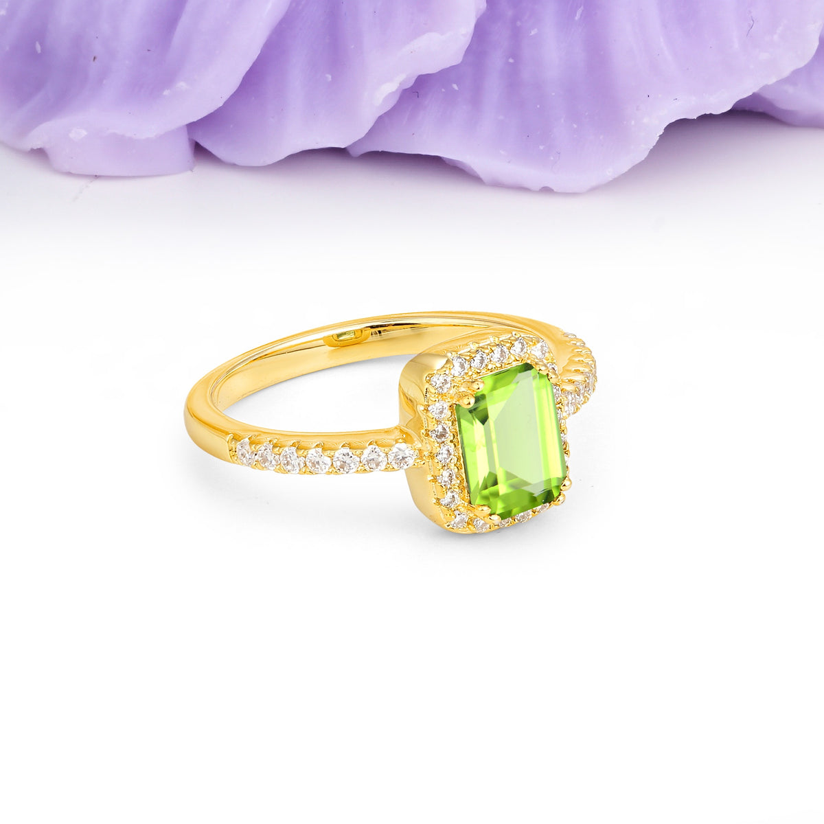 Classic Channel-Set, Vintage-Style 4-Prong Emerald Cut Peridot Engagement Ring - Additional view