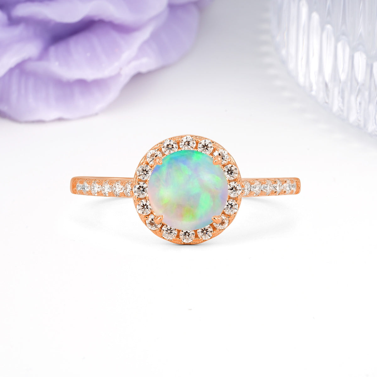 Luxurious Classic Pavé-Set, 4-Prong Round Cut Fire Opal Engagement Ring - Additional view