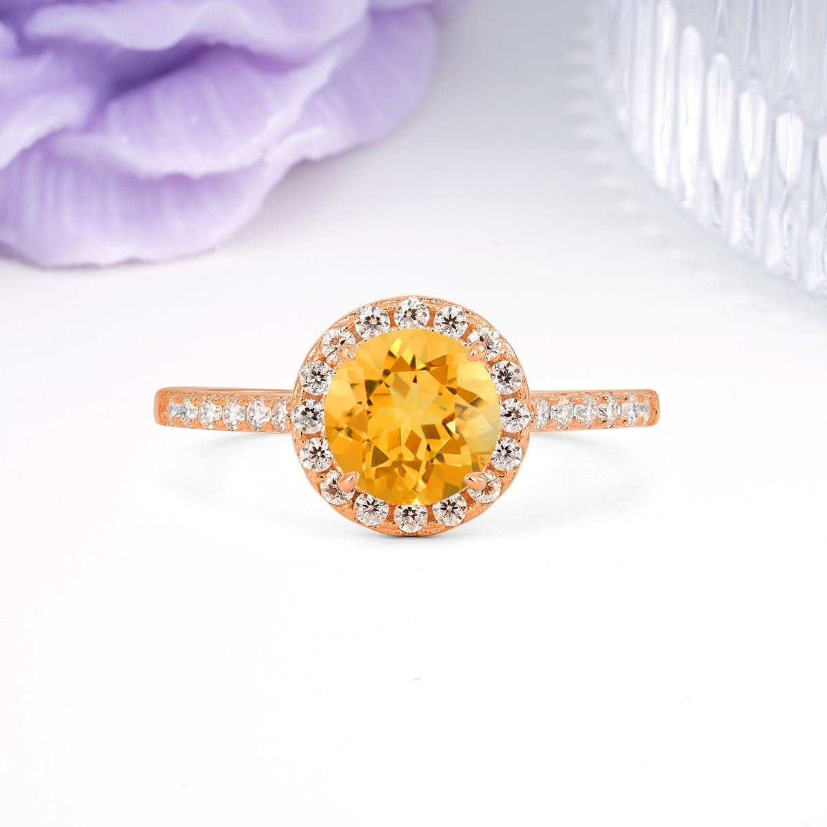 Luxurious Classic Pavé-Set, 4-Prong Round Cut Citrine Engagement Ring - Additional view