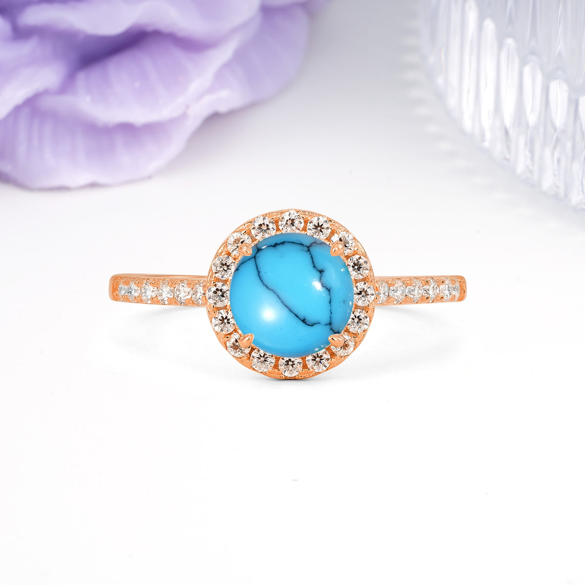 Luxurious Classic Pavé-Set, 4-Prong Round Cut Turquoise Engagement Ring - Additional view