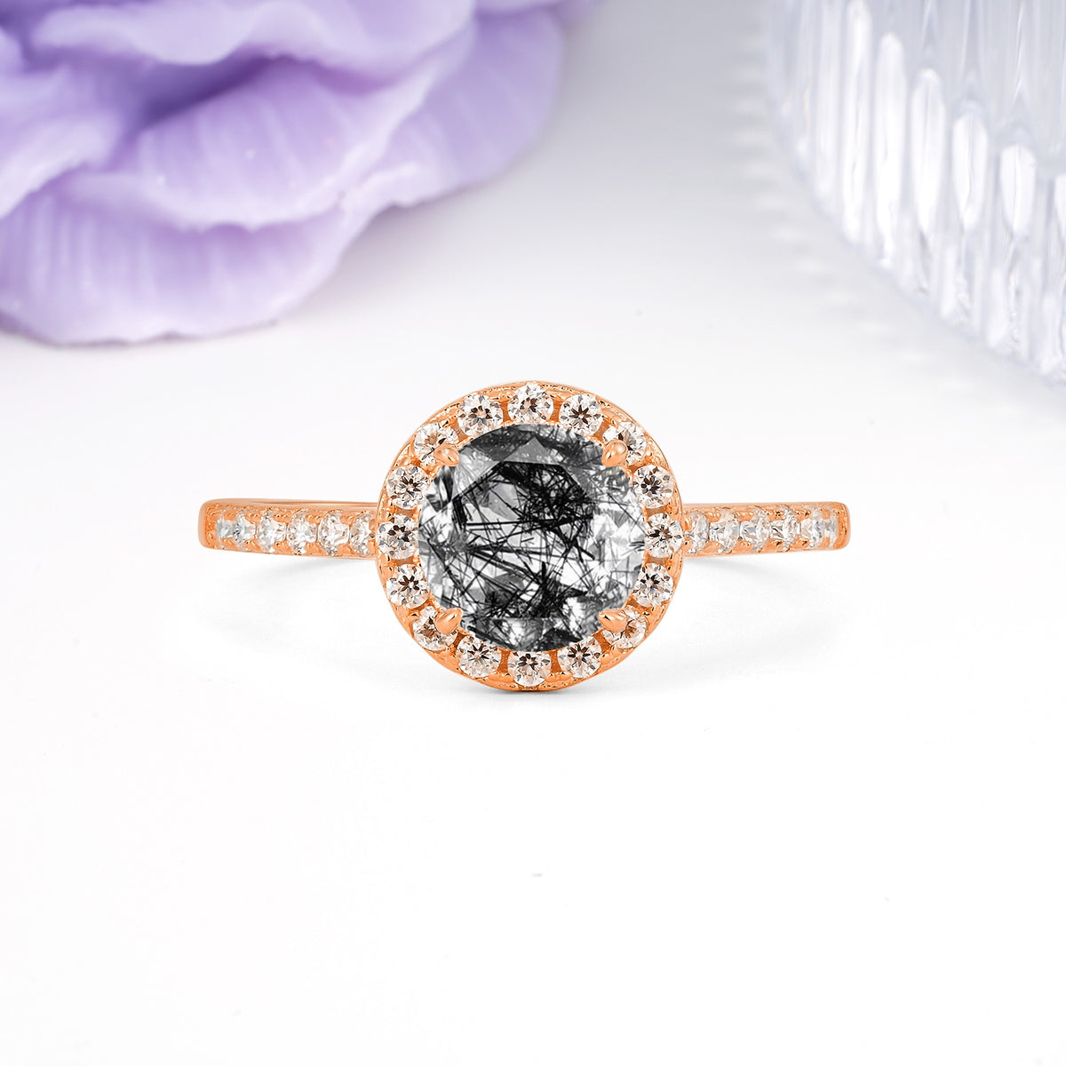 Luxurious Classic Pavé-Set, 4-Prong Round Cut Black Rutilated Quartz Engagement Ring - Additional view
