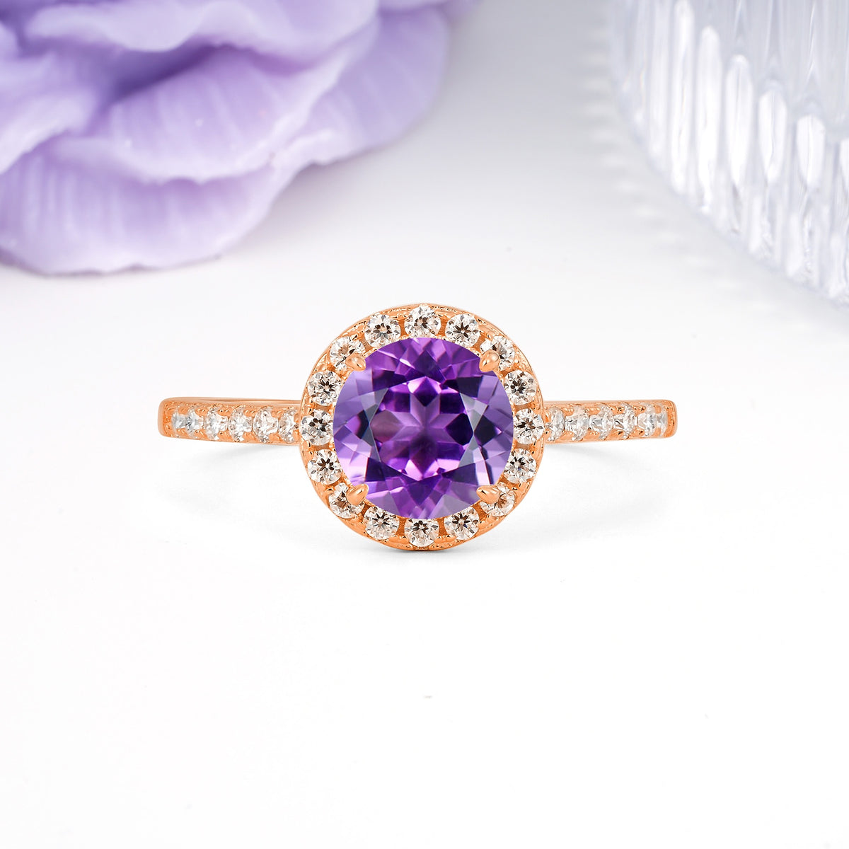 Luxurious Classic Pavé-Set, 4-Prong Round Cut Amethyst Engagement Ring - Additional view